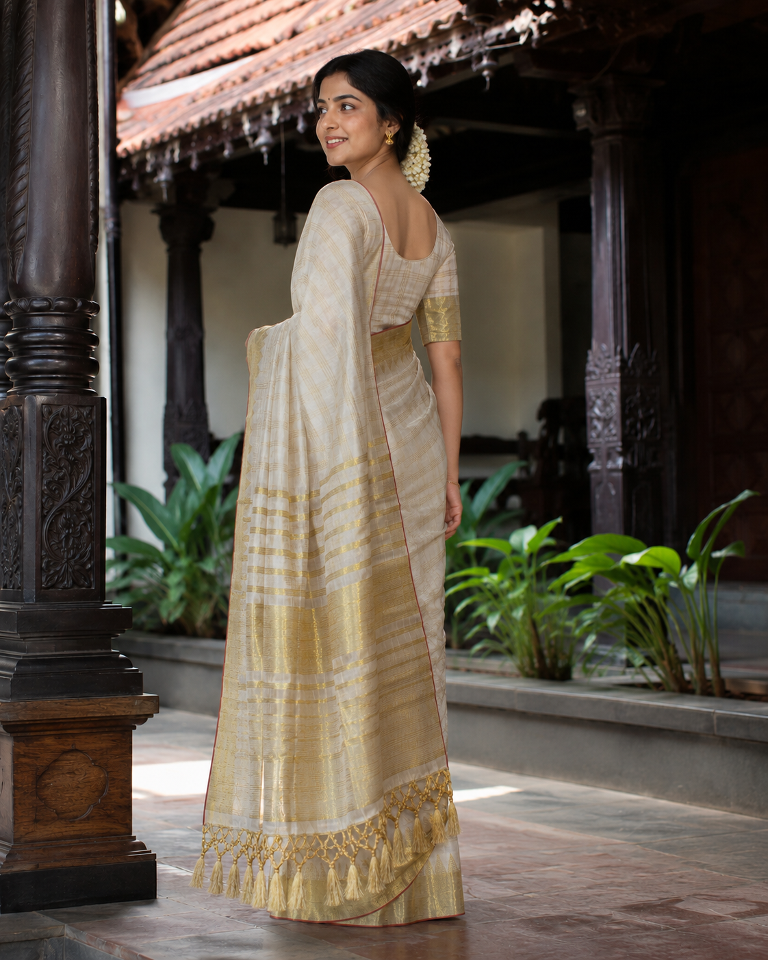 Elegant Tissue Saree with Golden Check and Temple Design