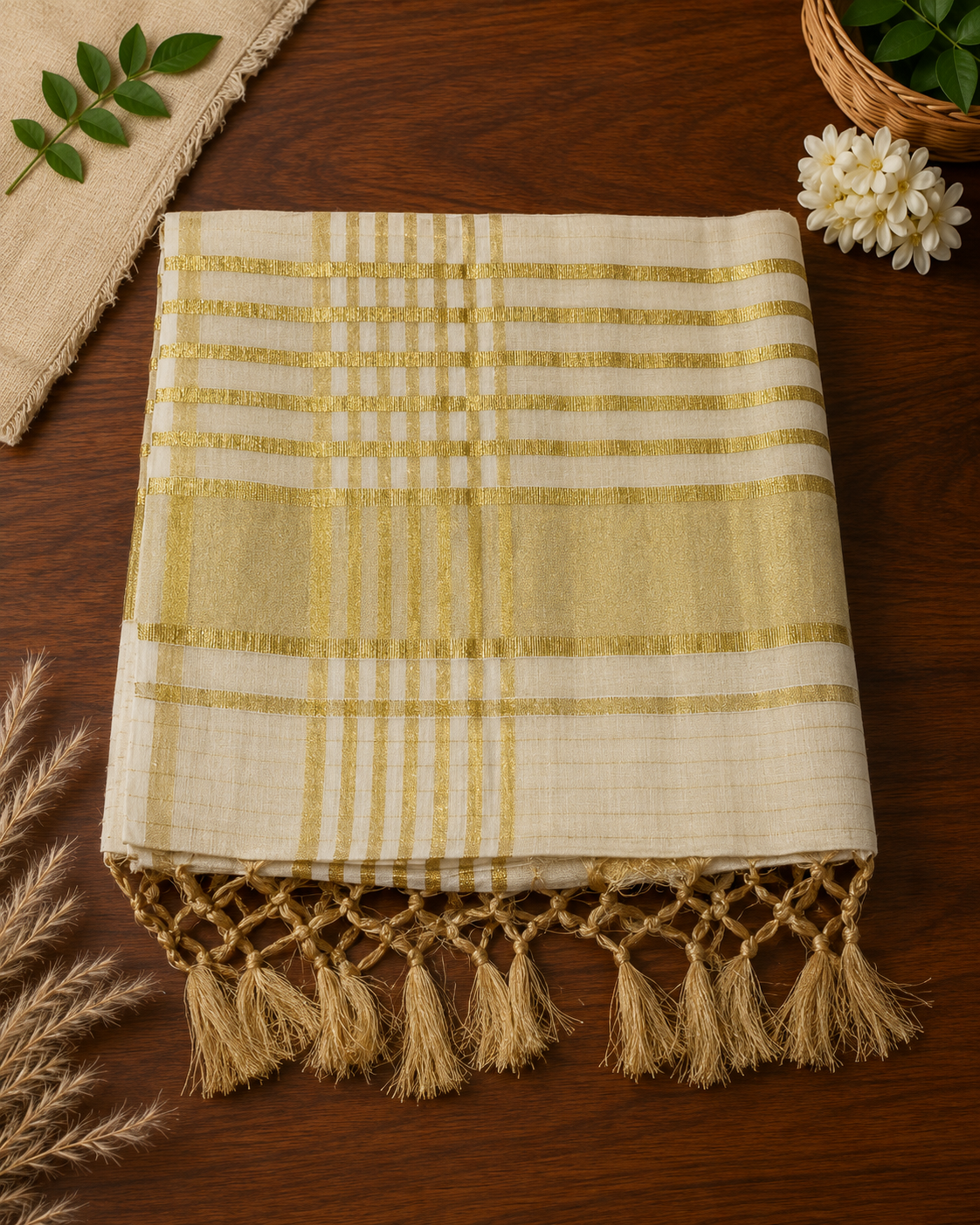 Elegant Tissue Saree with Golden Check and Temple Design