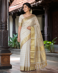 Elegant Tissue Saree with Golden Check and Temple Design