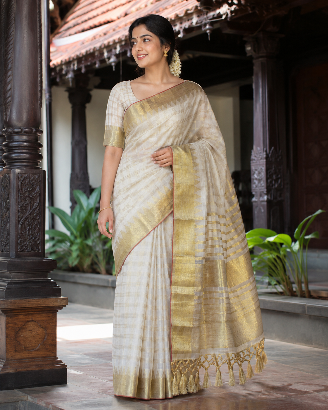 Elegant Tissue Saree with Golden Check and Temple Design