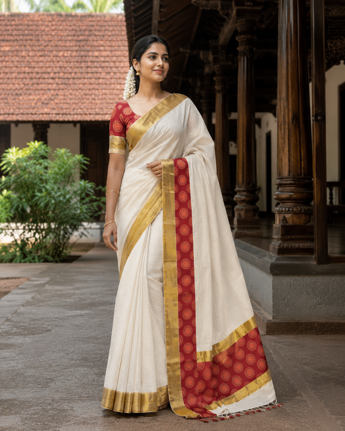 Elegant Tissue Saree with Golden Stripes