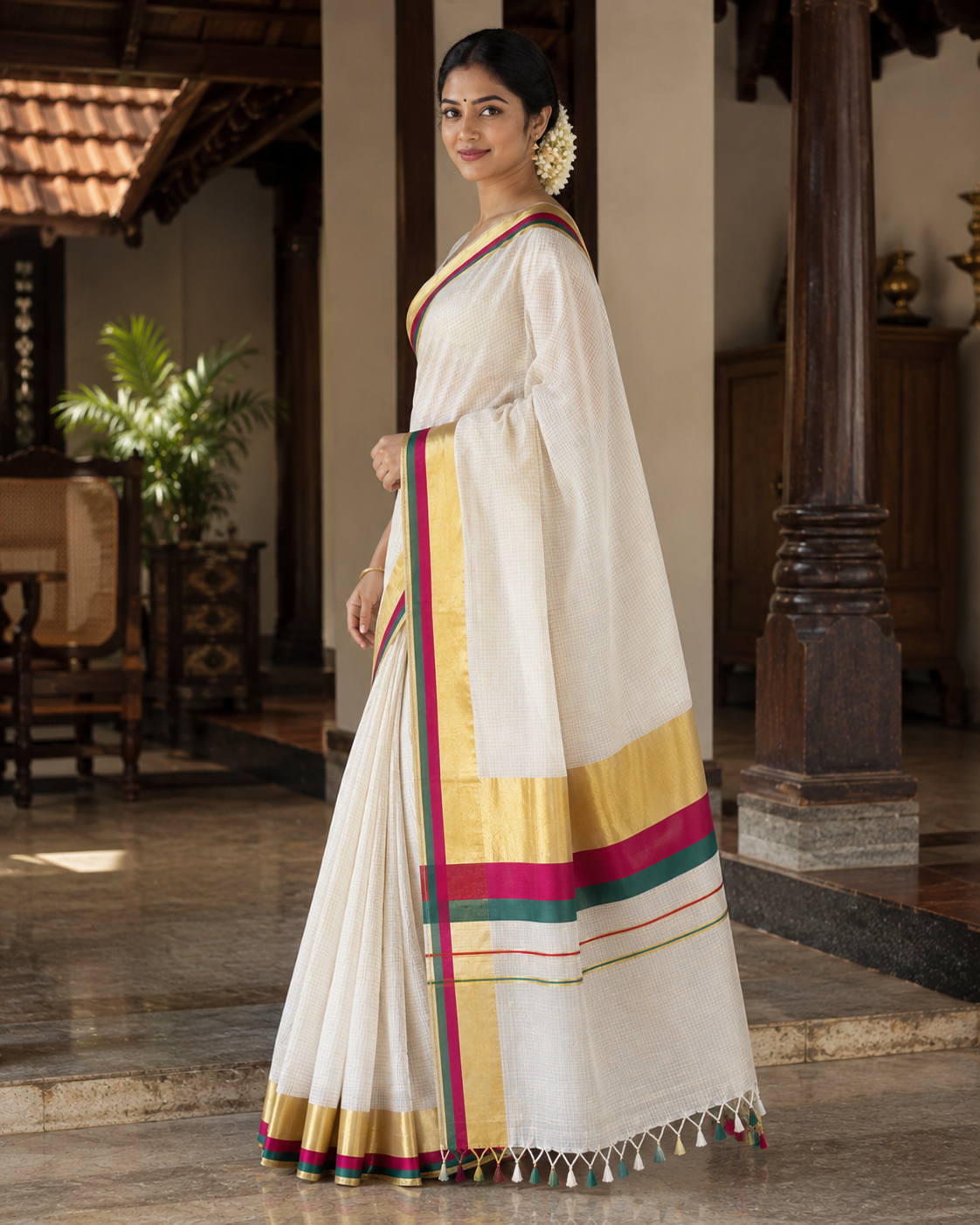 Elegant Tissue Saree with Green, Red and Golden Kasavu Border