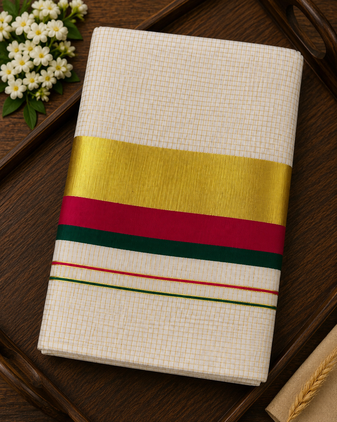 Elegant Tissue Saree with Green, Red and Golden Kasavu Border