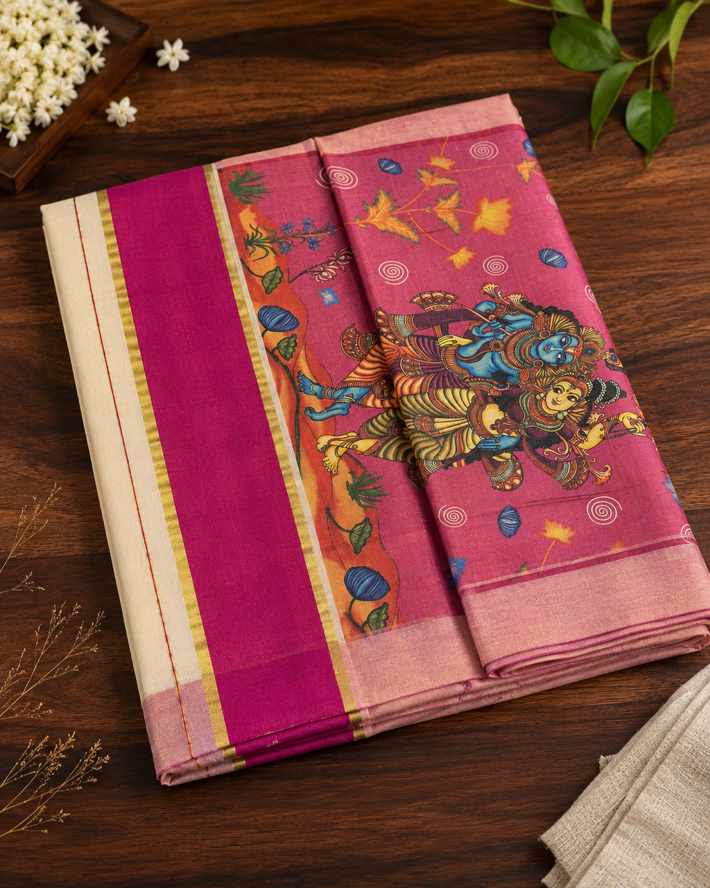 Elegant Tissue Saree with Krishna Radha Print