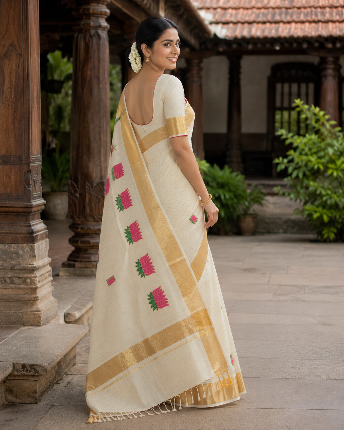 Elegant Tissue Saree with Lotus Thread Work