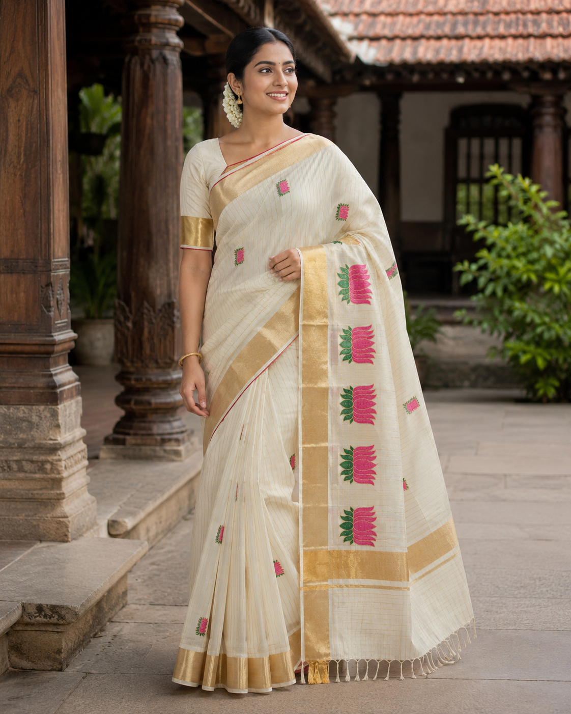 Elegant Tissue Saree with Lotus Thread Work