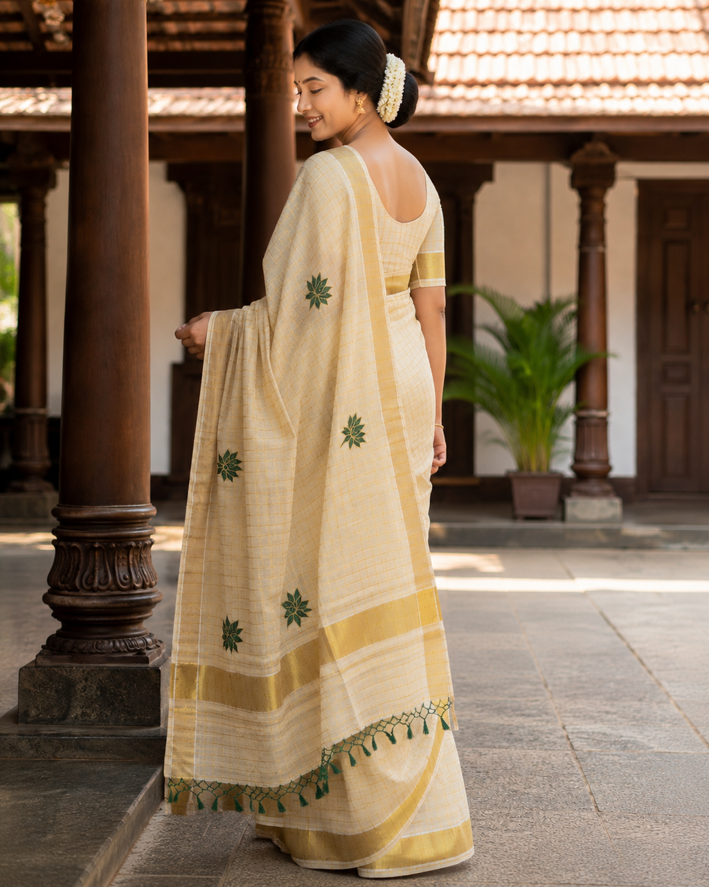 Elegant Tissue Tissue Saree with Green Floral Thread Work & Running Blouse