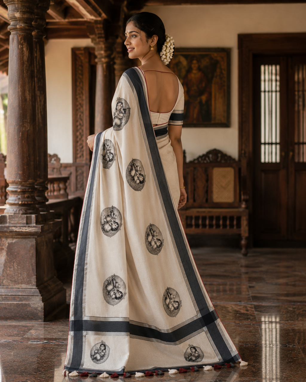 Kerala Saree with Black & Silver Aal ila Kannan Print