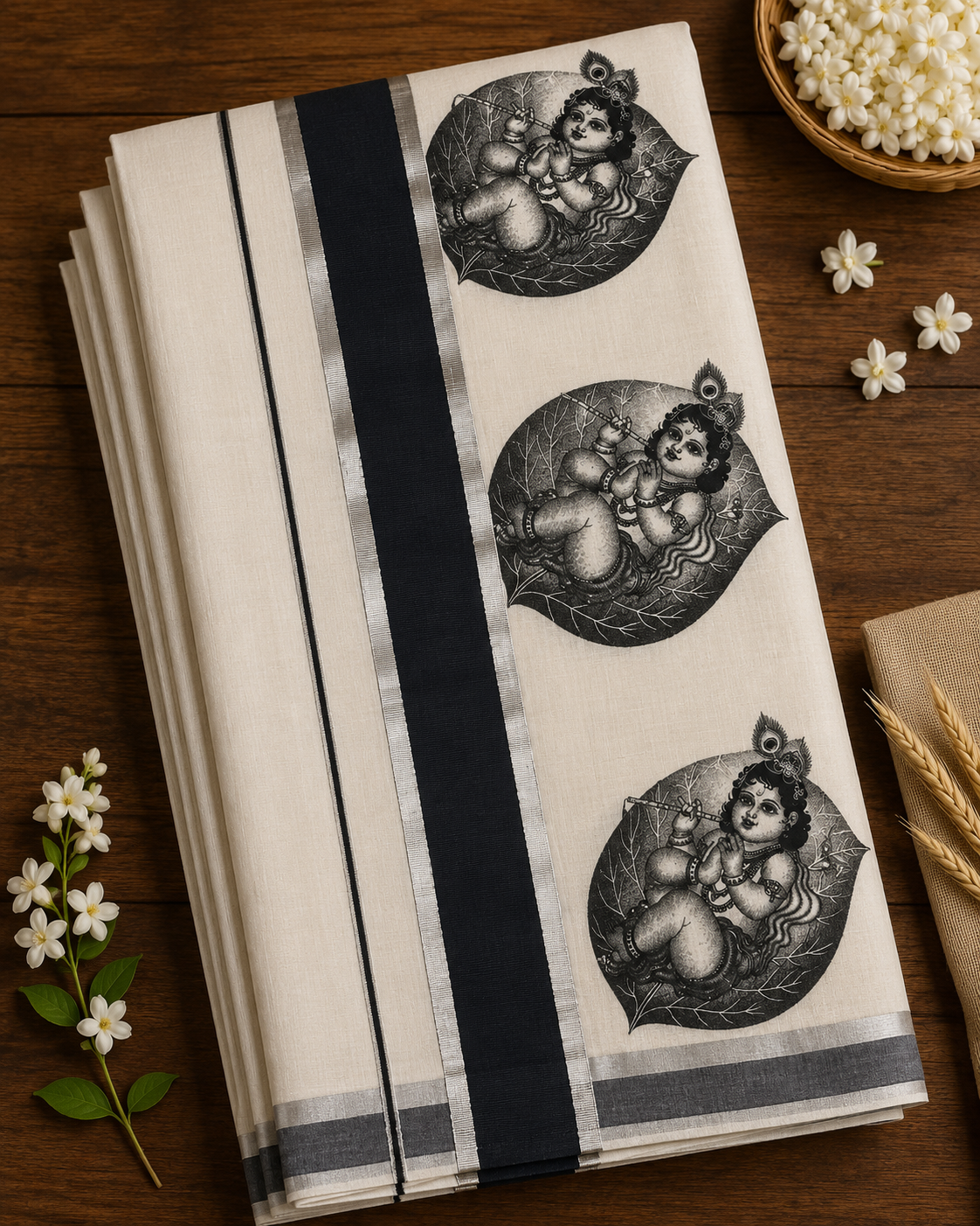 Kerala Saree with Black & Silver Aal ila Kannan Print