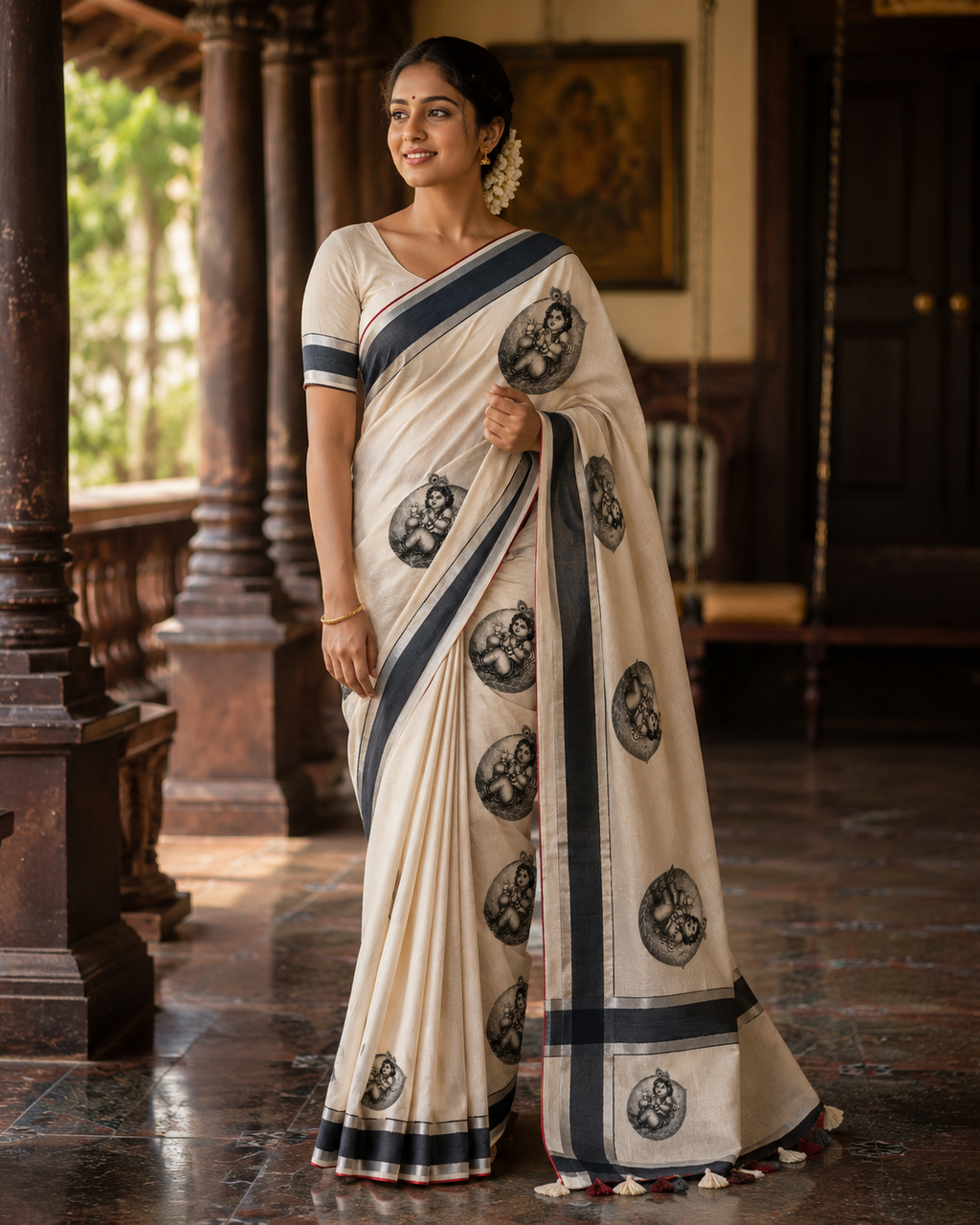 Kerala Saree with Black & Silver Aal ila Kannan Print