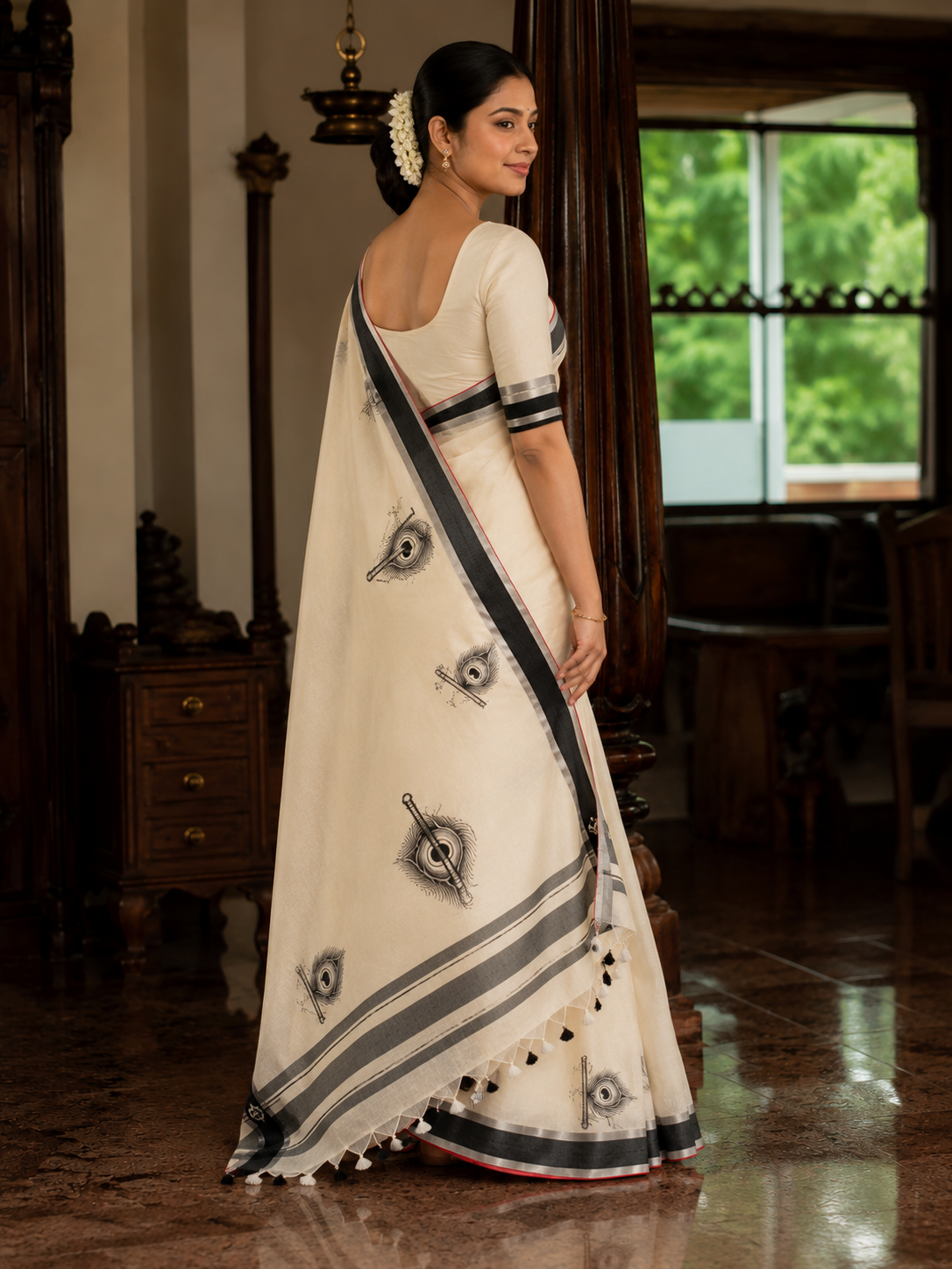 Kerala Saree with Black & Silver Mayilpeeli Print