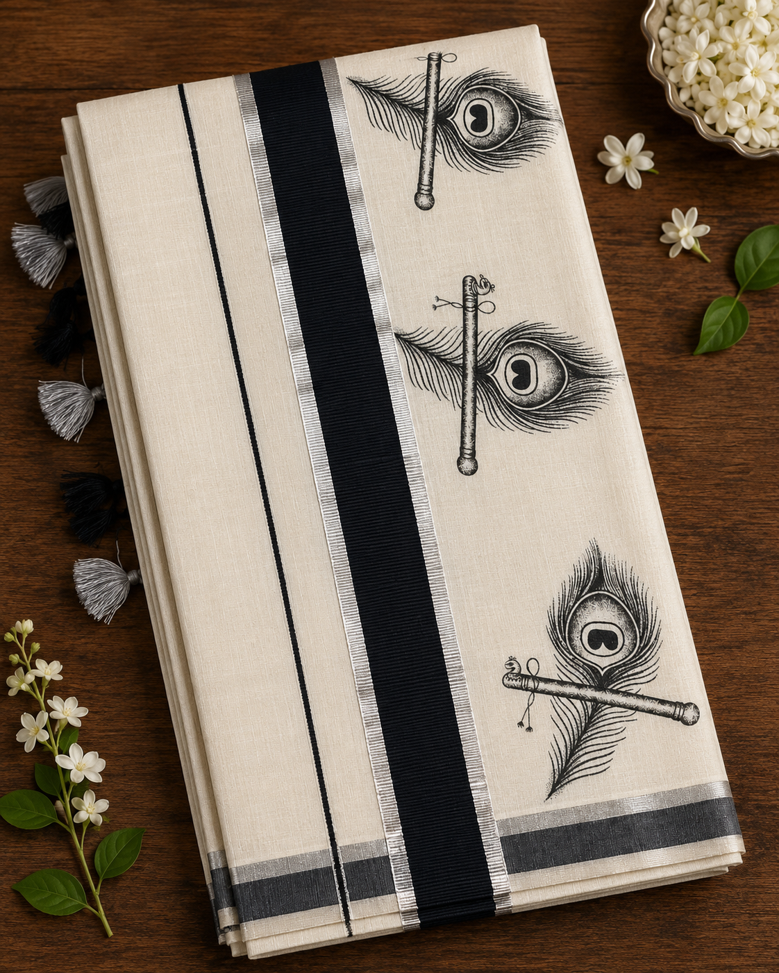 Kerala Saree with Black & Silver Mayilpeeli Print