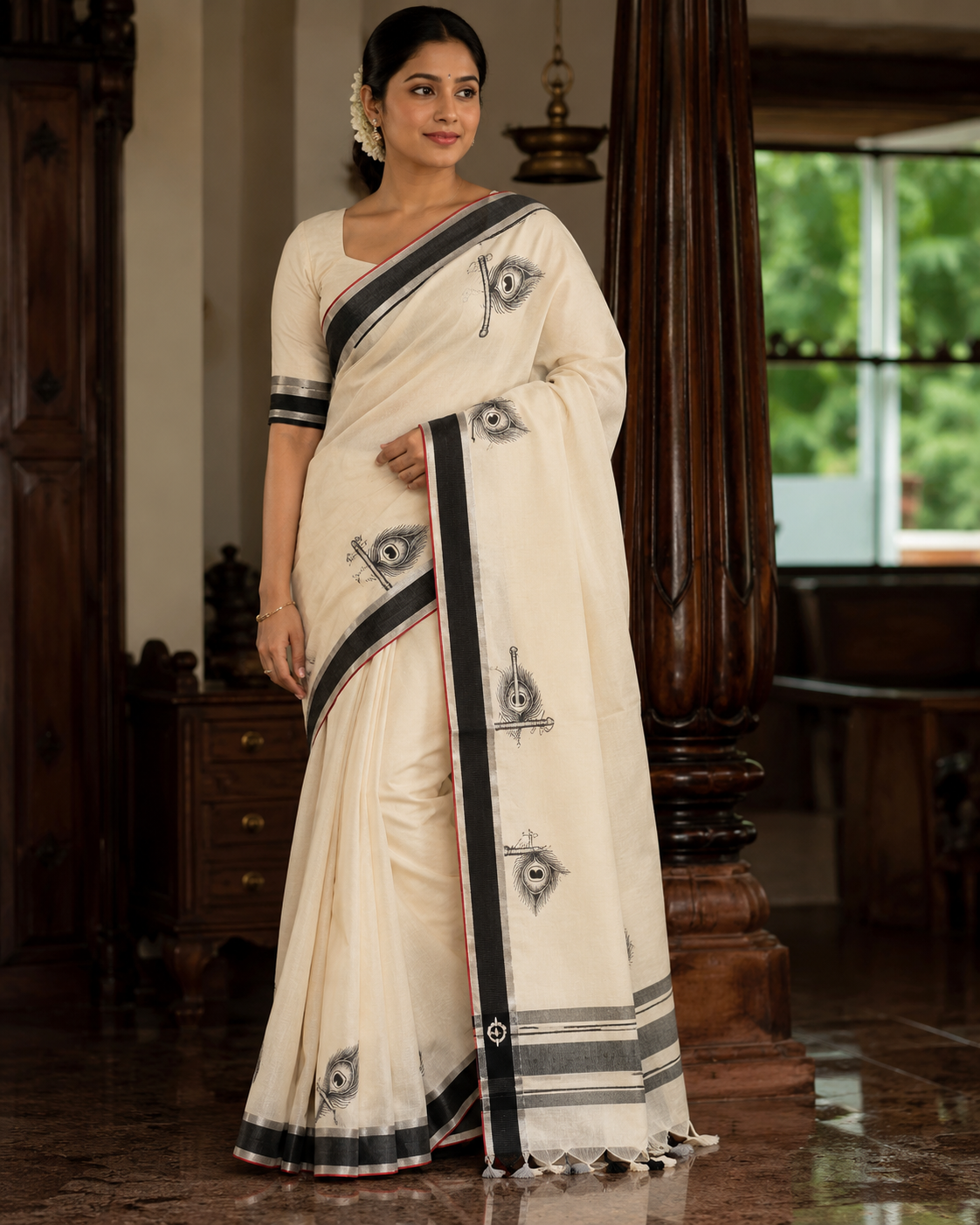 Kerala Saree with Black & Silver Mayilpeeli Print