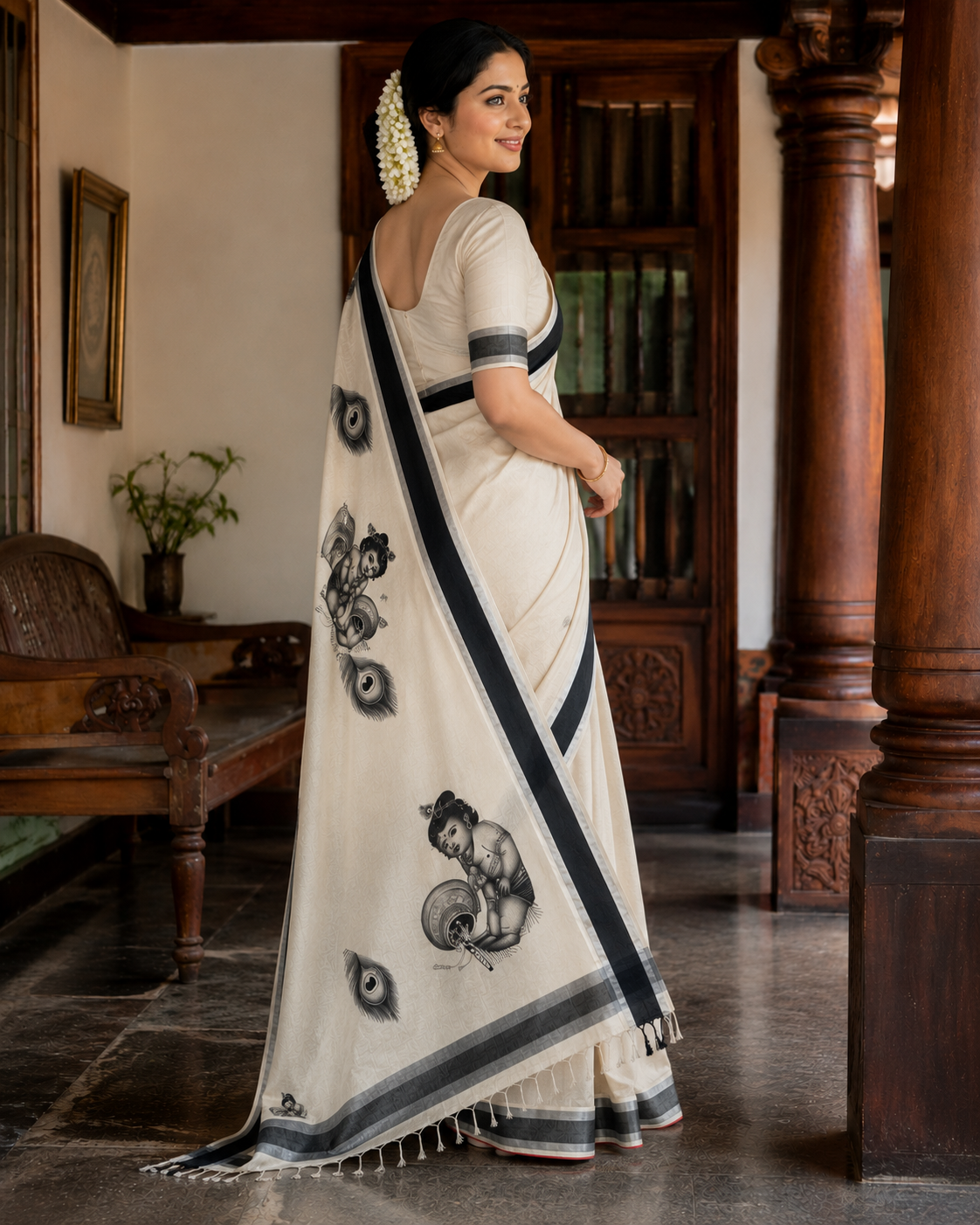 Kerala Saree with Black & Silver Unni Kannan Print