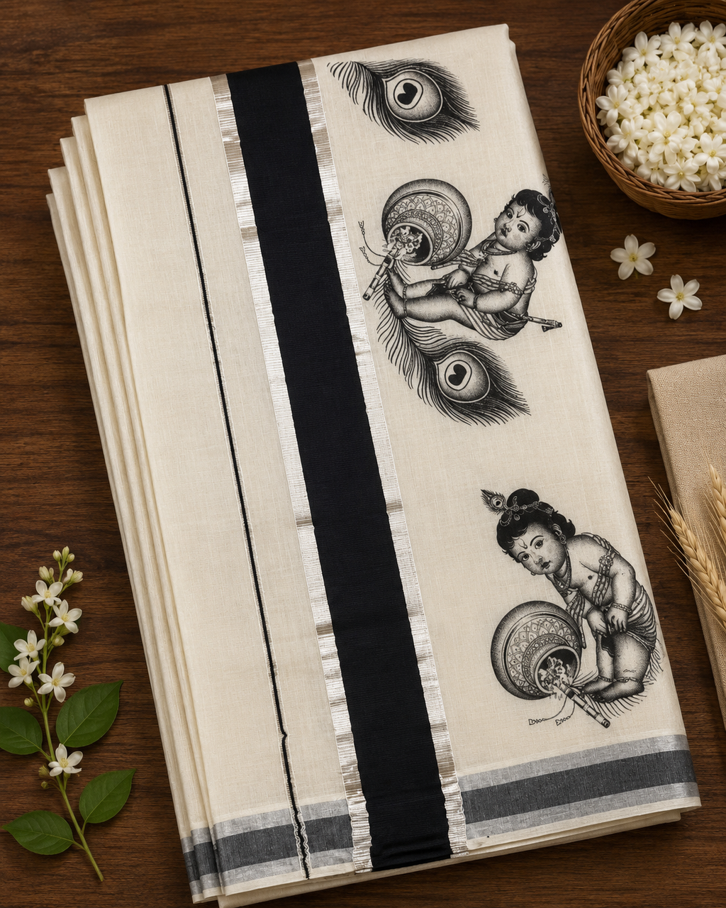 Kerala Saree with Black & Silver Unni Kannan Print