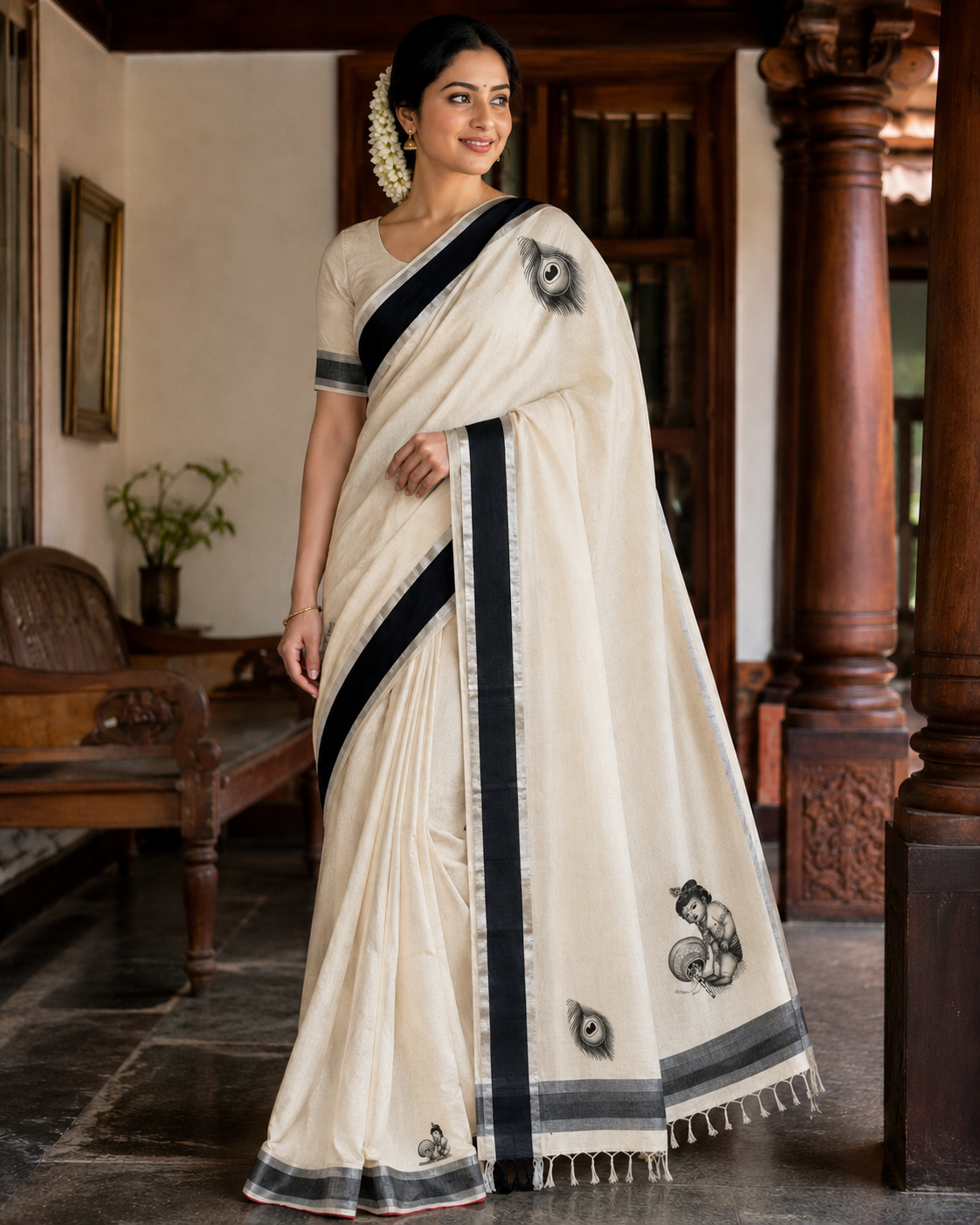 Kerala Saree with Black & Silver Unni Kannan Print
