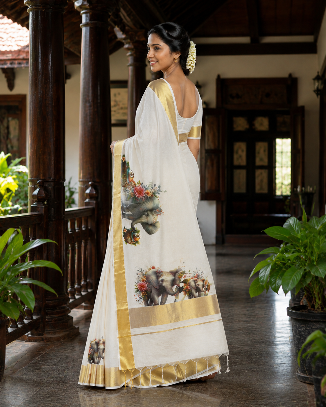 Kerala Saree with Elephant Print