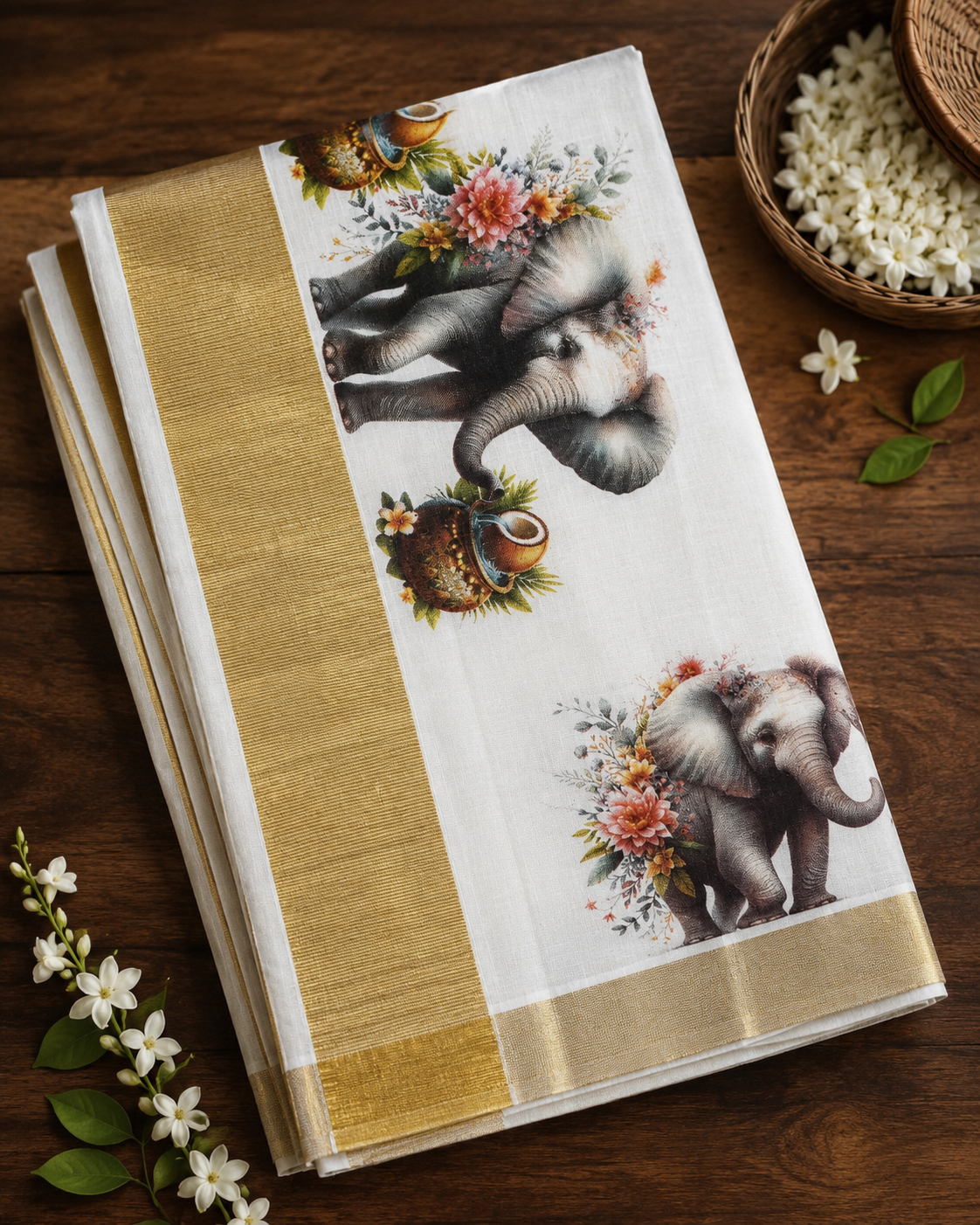 Kerala Saree with Elephant Print