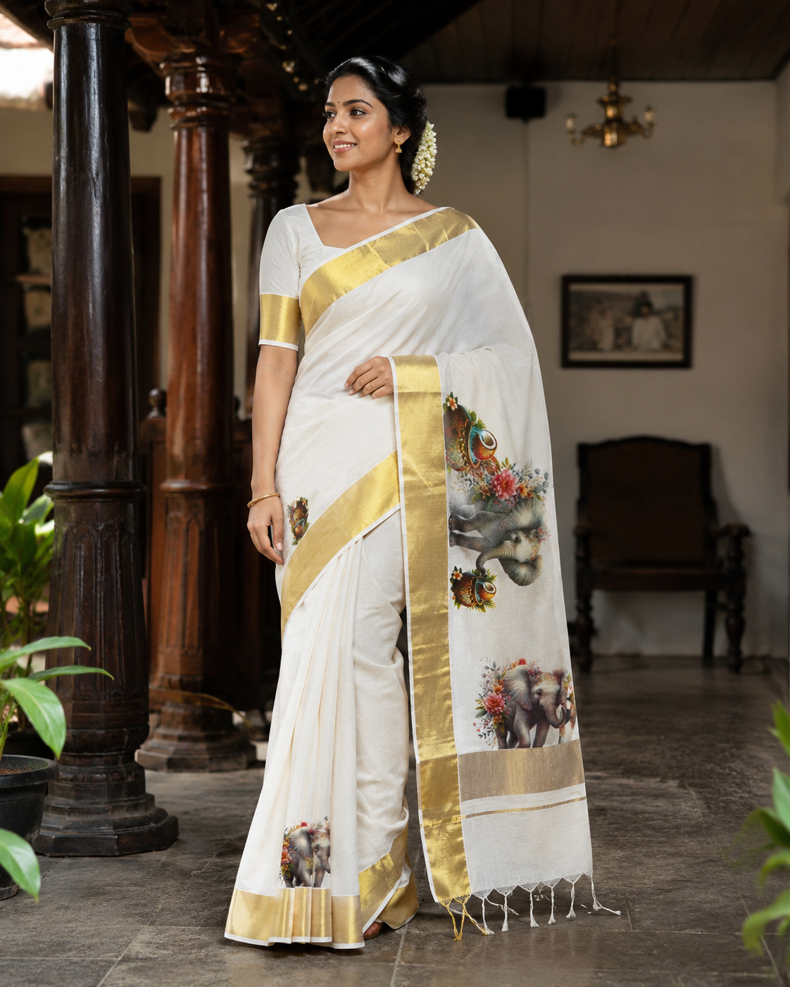 Kerala Saree with Elephant Print