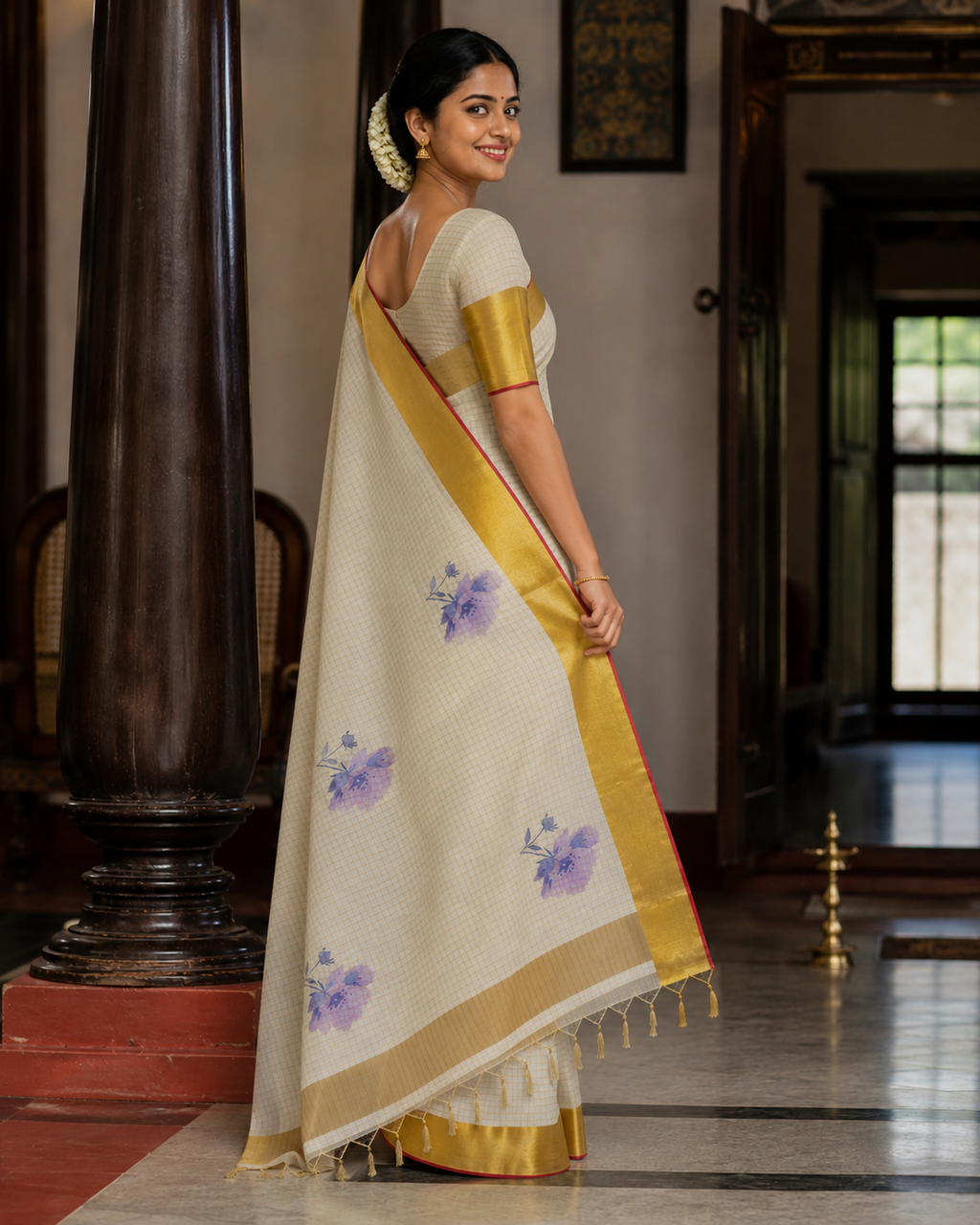 Kerala Saree with Golden Check work and Floral Design
