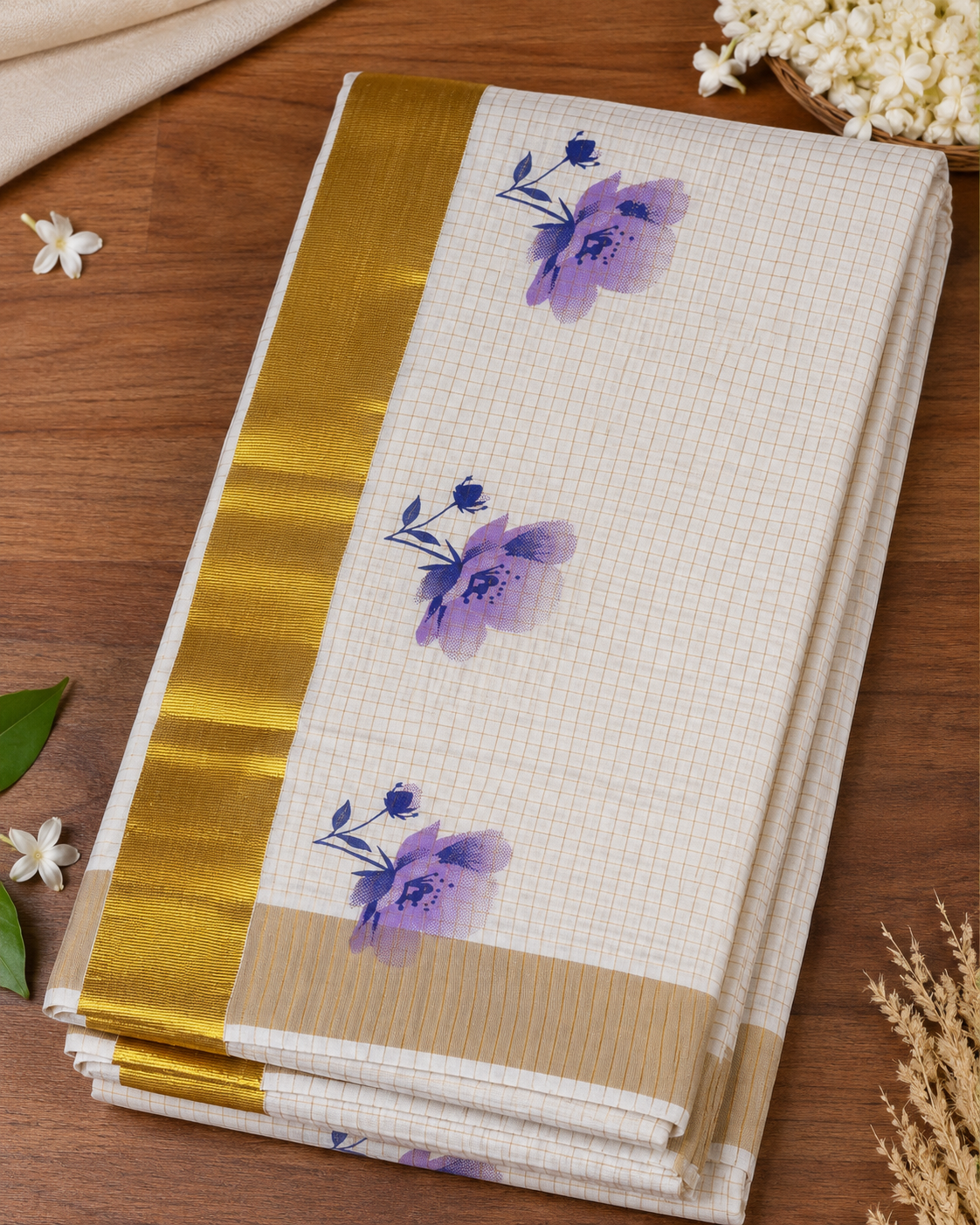 Kerala Saree with Golden Check work and Floral Design