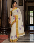 Kerala Saree with Golden Check work and Floral Design