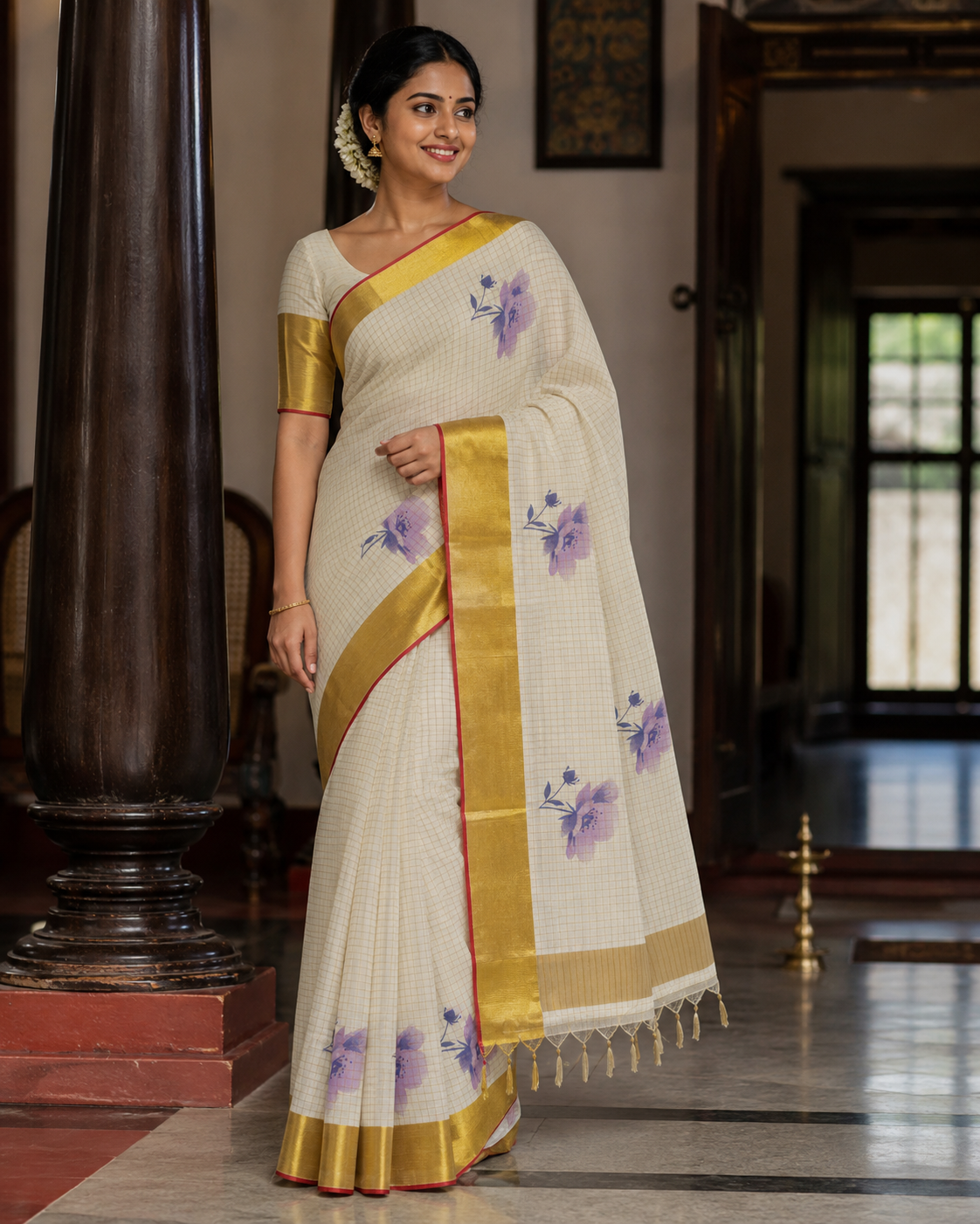 Kerala Saree with Golden Check work and Floral Design