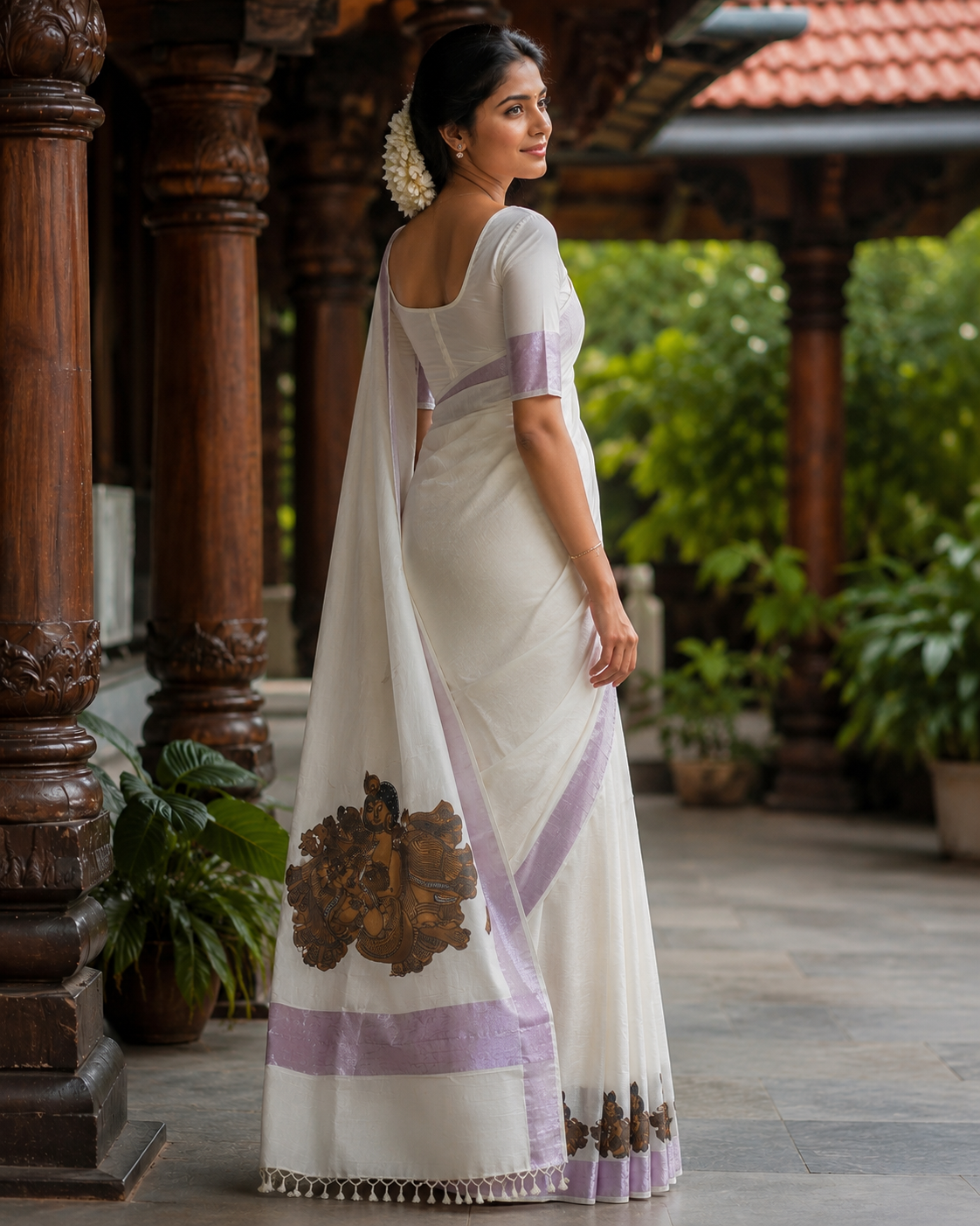 Kerala Saree with Krishna Prints and Rose Gold Border