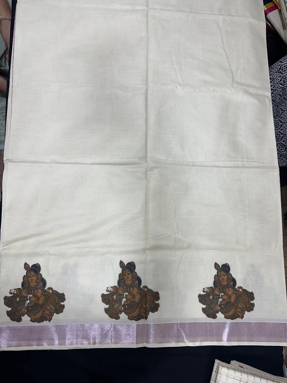 Kerala Saree with Krishna Prints and Rose Gold Border