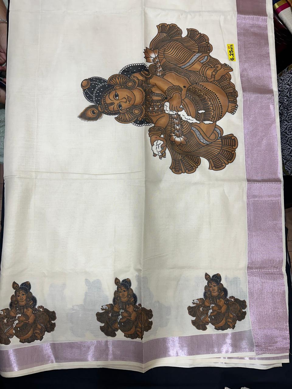Kerala Saree with Krishna Prints and Rose Gold Border