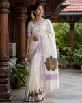 Kerala Saree with Krishna Prints and Rose Gold Border