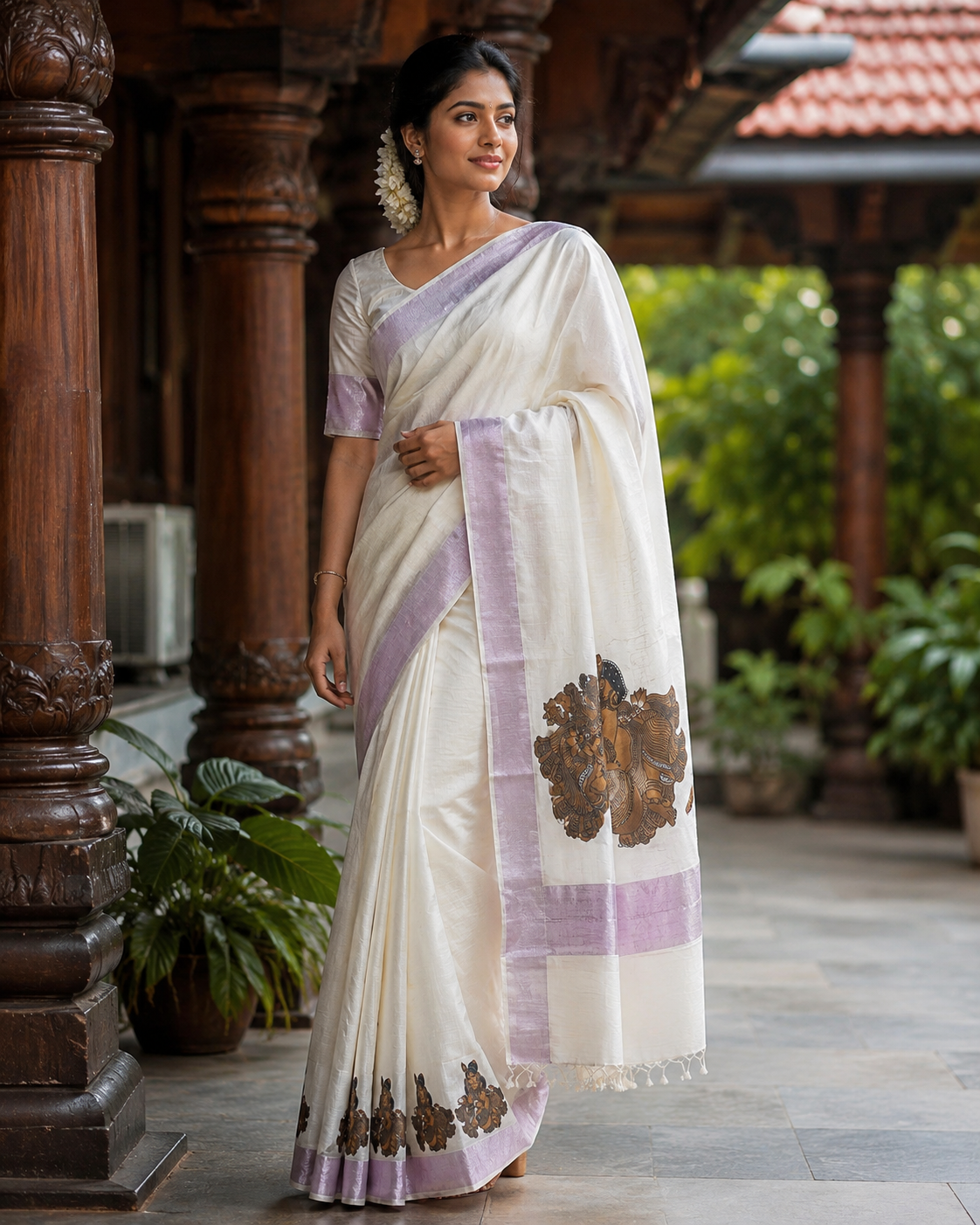 Kerala Saree with Krishna Prints and Rose Gold Border