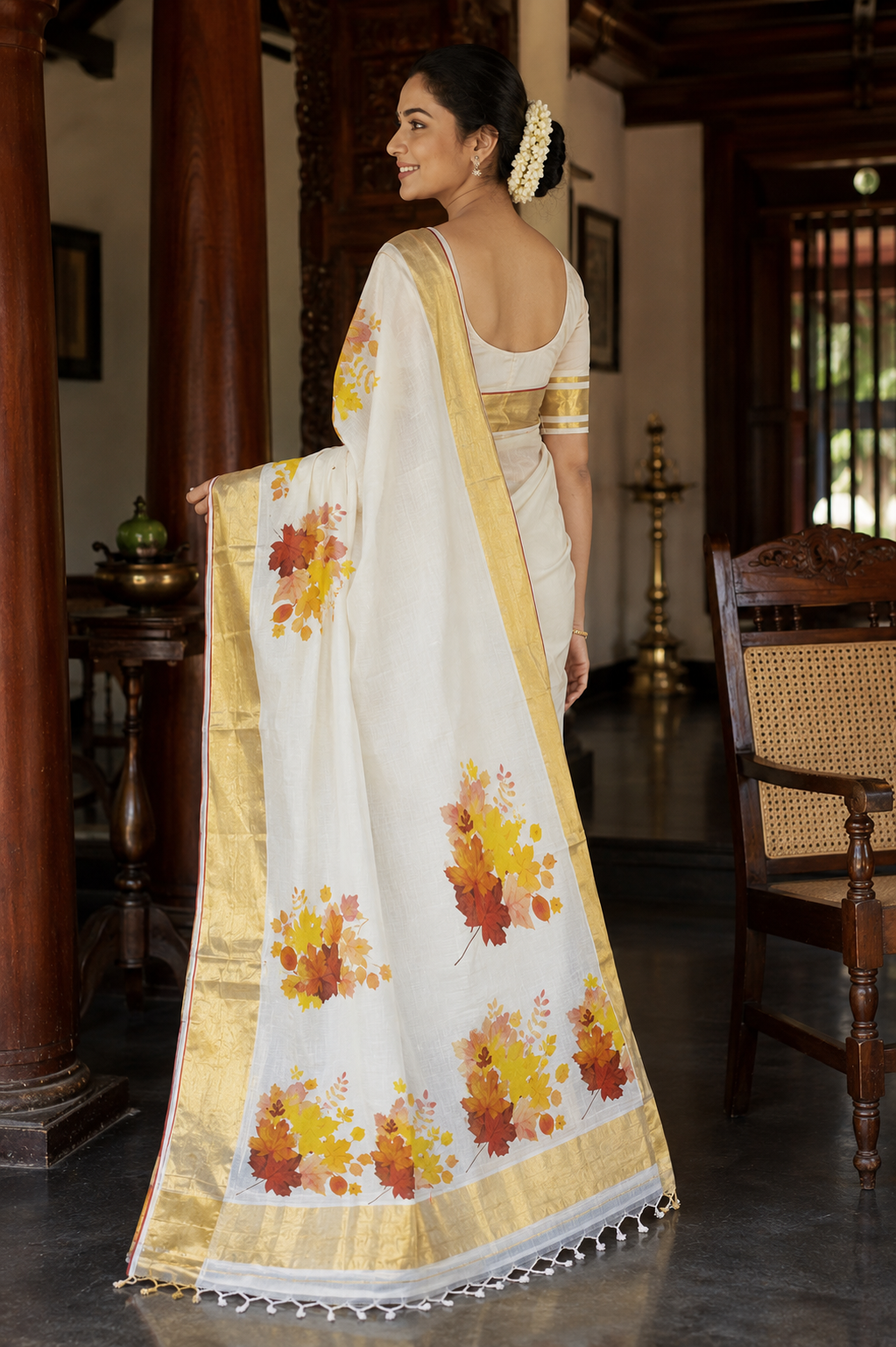 Kerala Saree with Maple Leaves Print