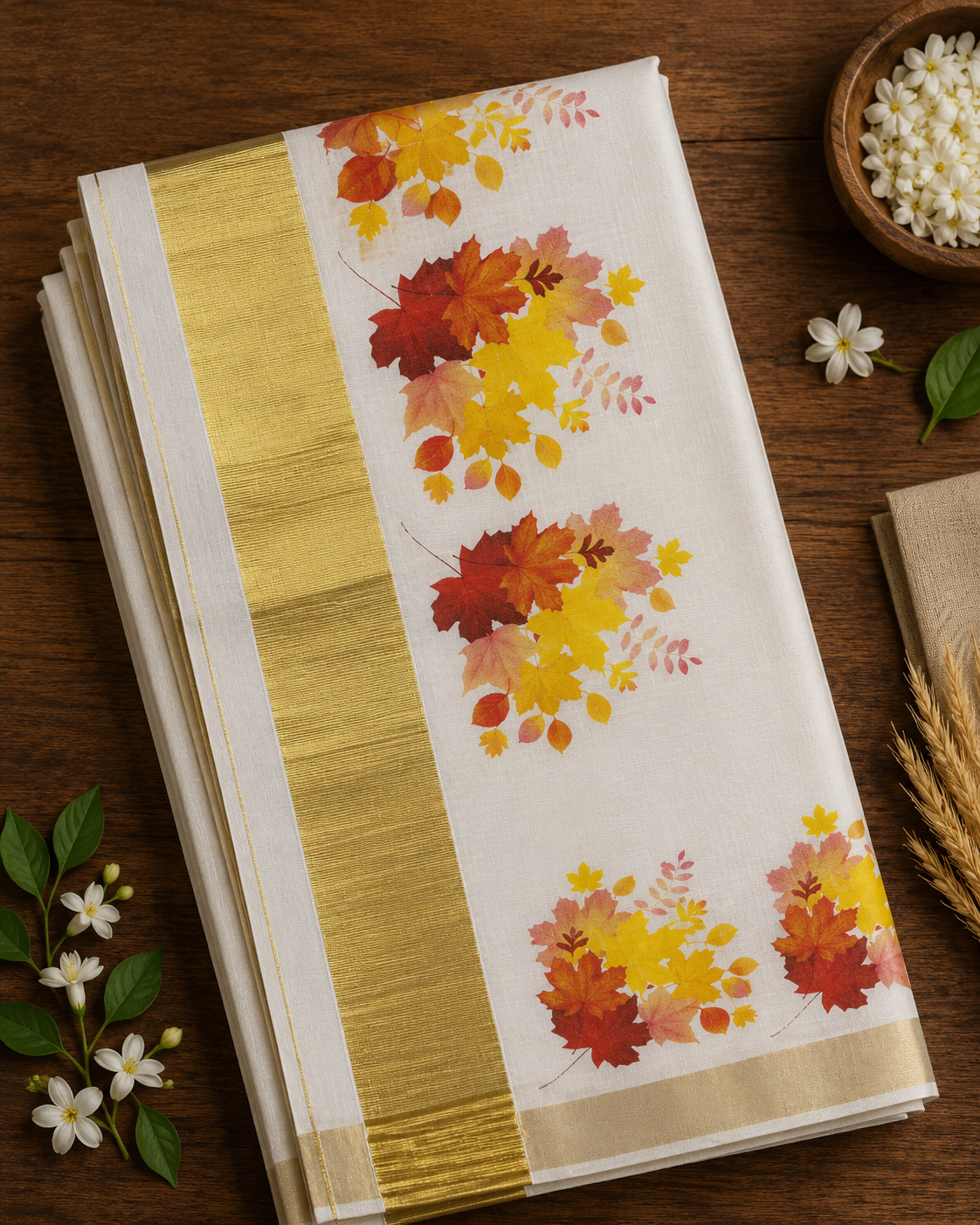 Kerala Saree with Maple Leaves Print