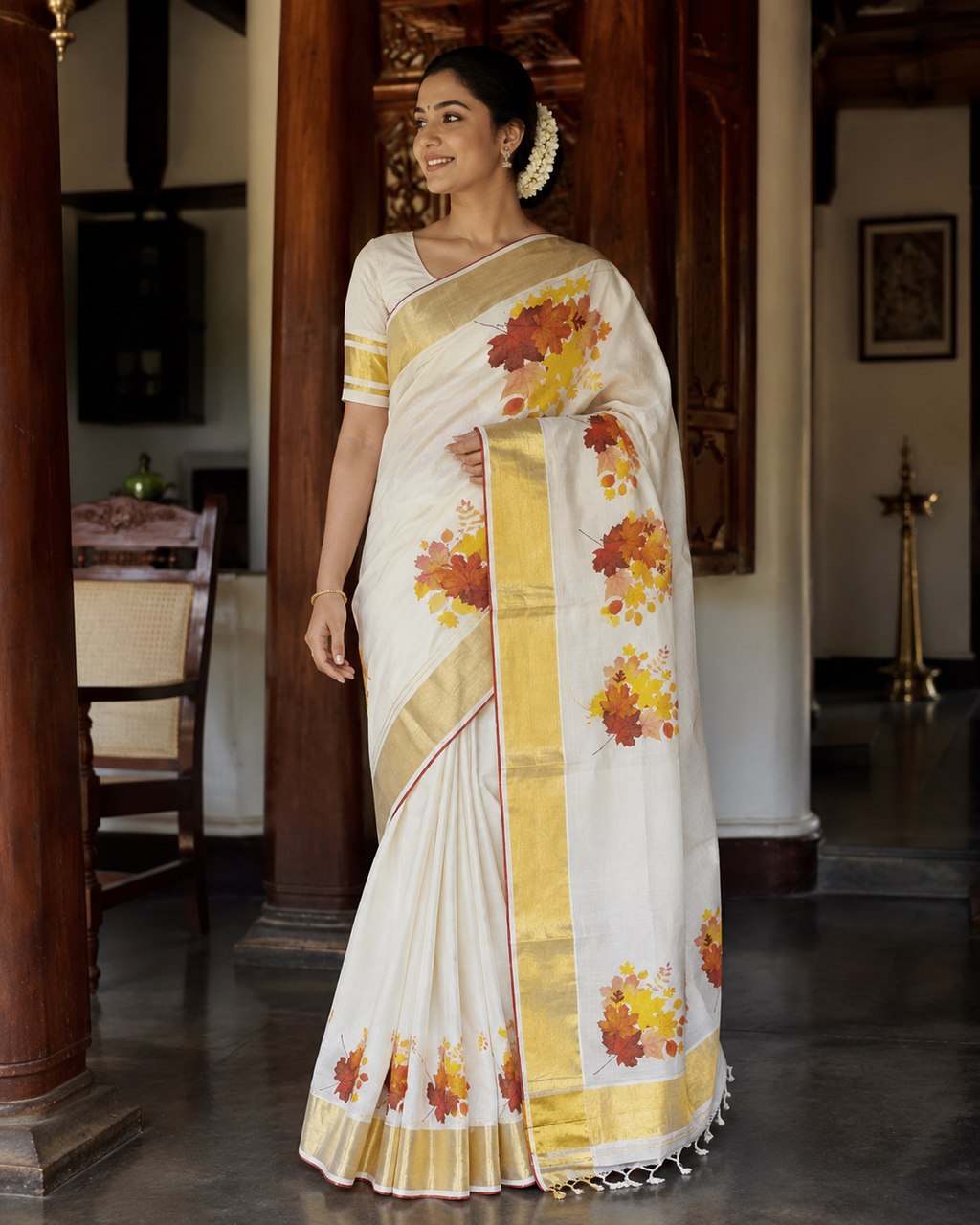 Kerala Saree with Maple Leaves Print