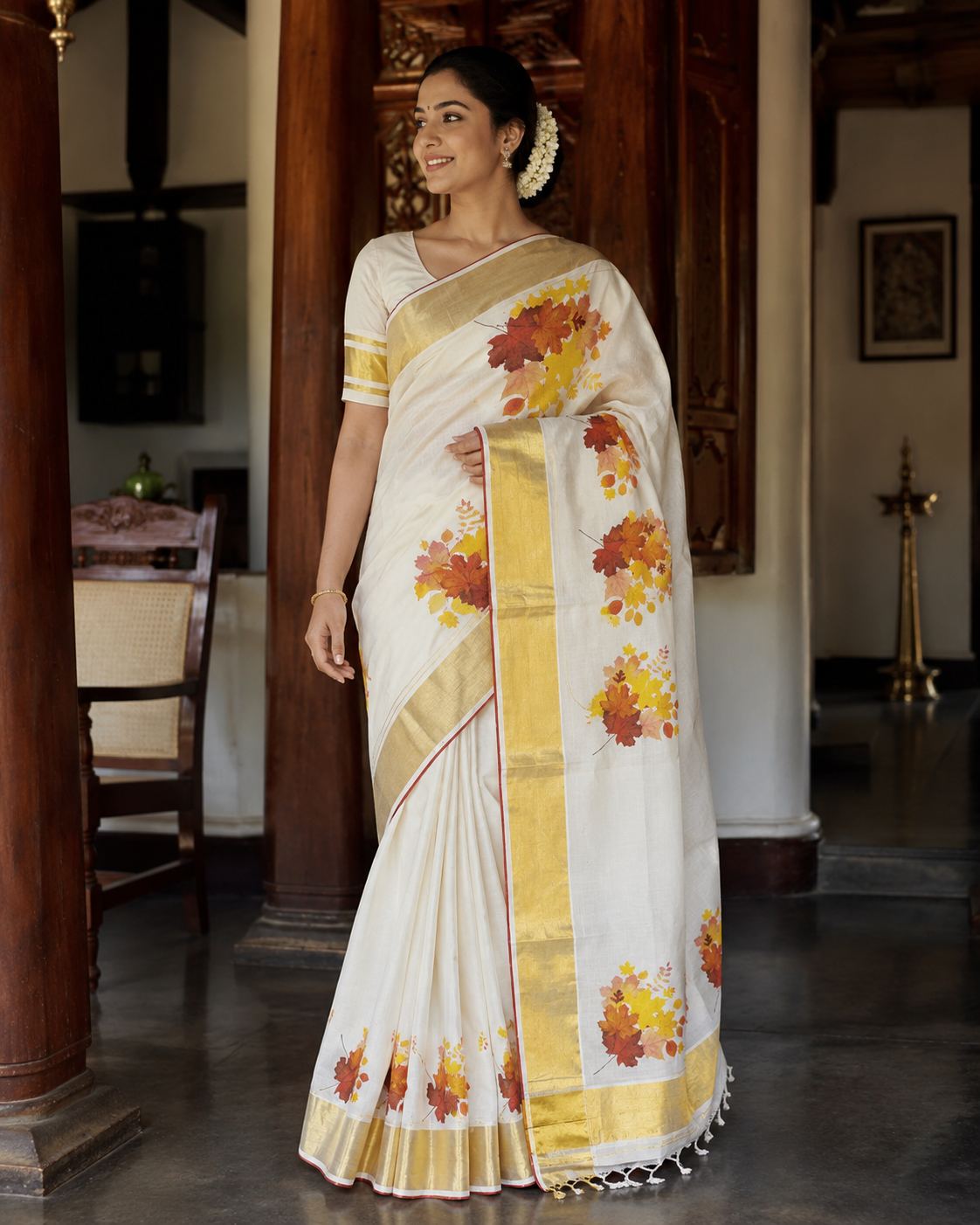 Kerala Saree with Maple Leaves Print