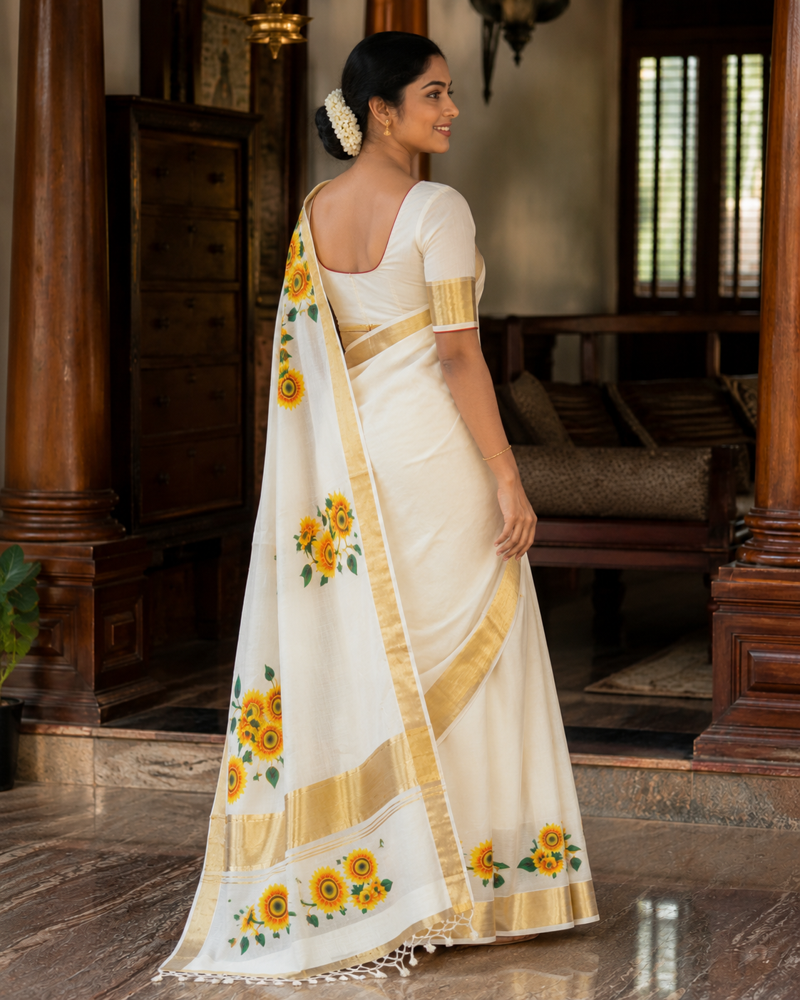 Kerala Saree with Sunflower Print