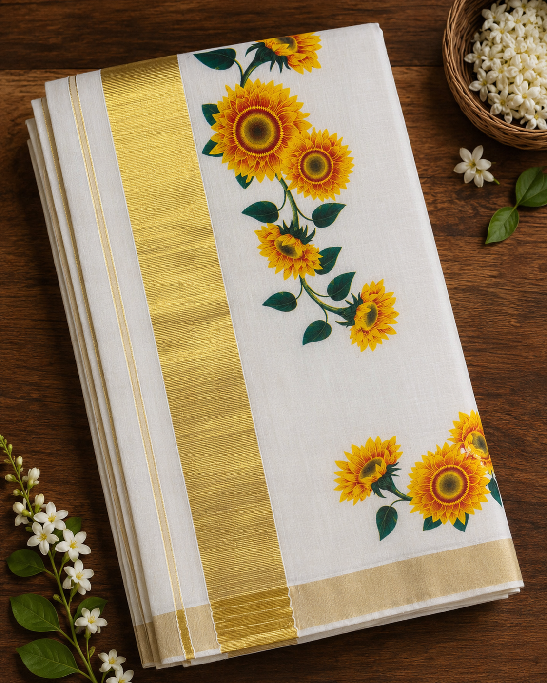 Kerala Saree with Sunflower Print