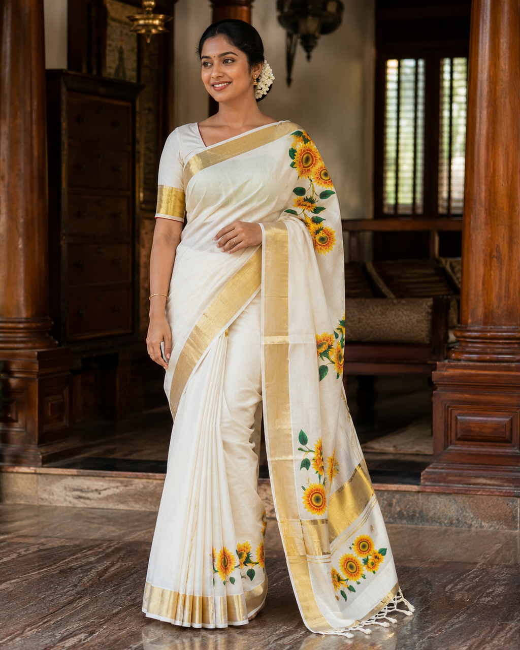 Kerala Saree with Sunflower Print