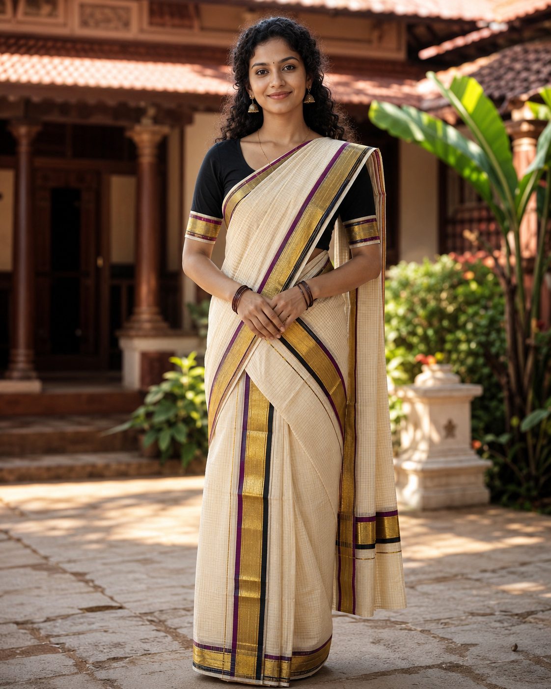 Kerala Set Mundu (Mundu Neriyathum) Black & Purple