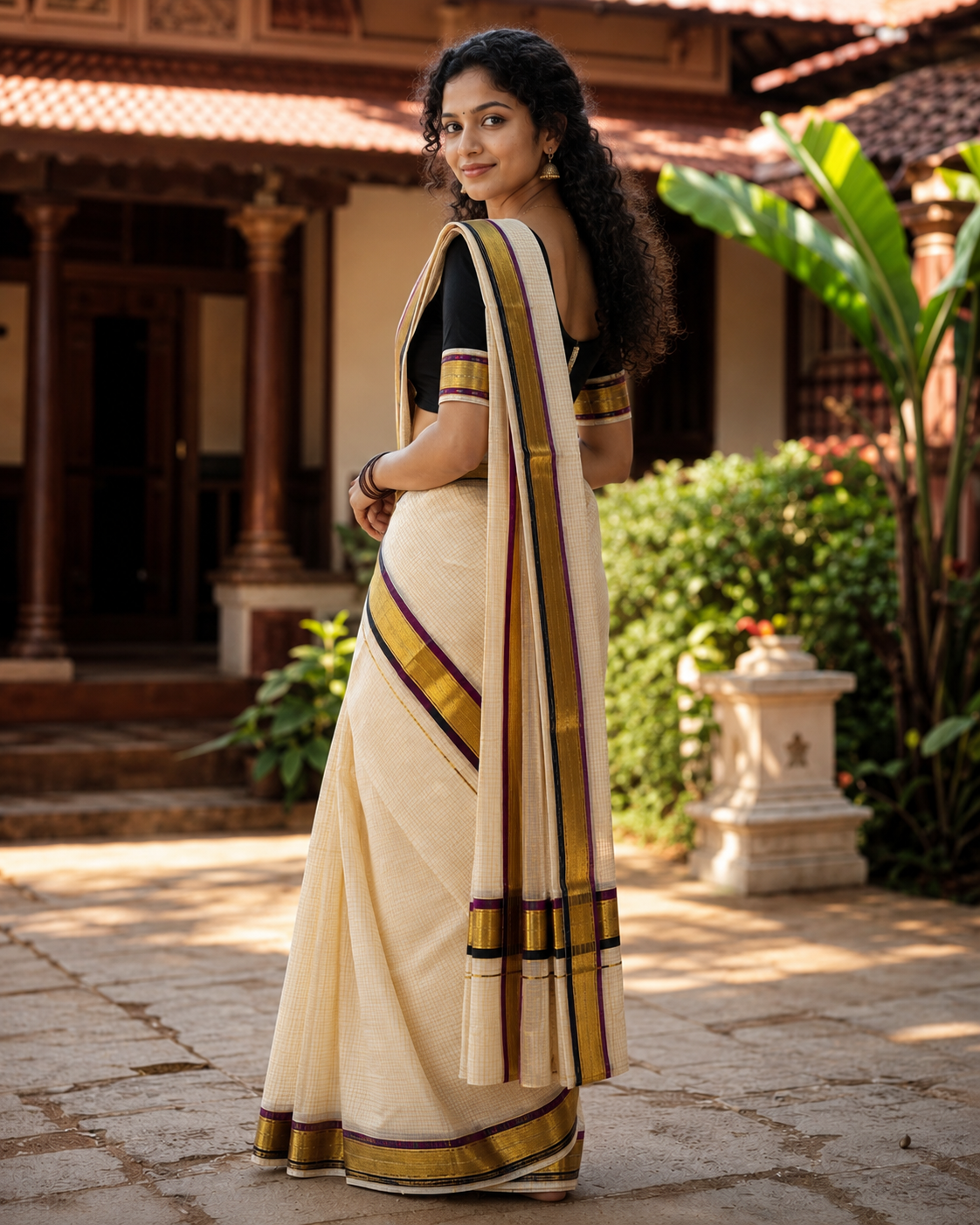 Kerala Set Mundu (Mundu Neriyathum) Black & Purple