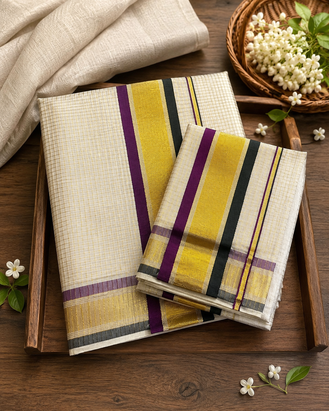Kerala Set Mundu (Mundu Neriyathum) Black & Purple