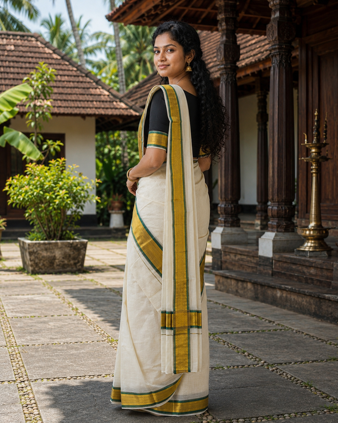 Kerala Set Mundu (Mundu Neriyathum) Green & Gold