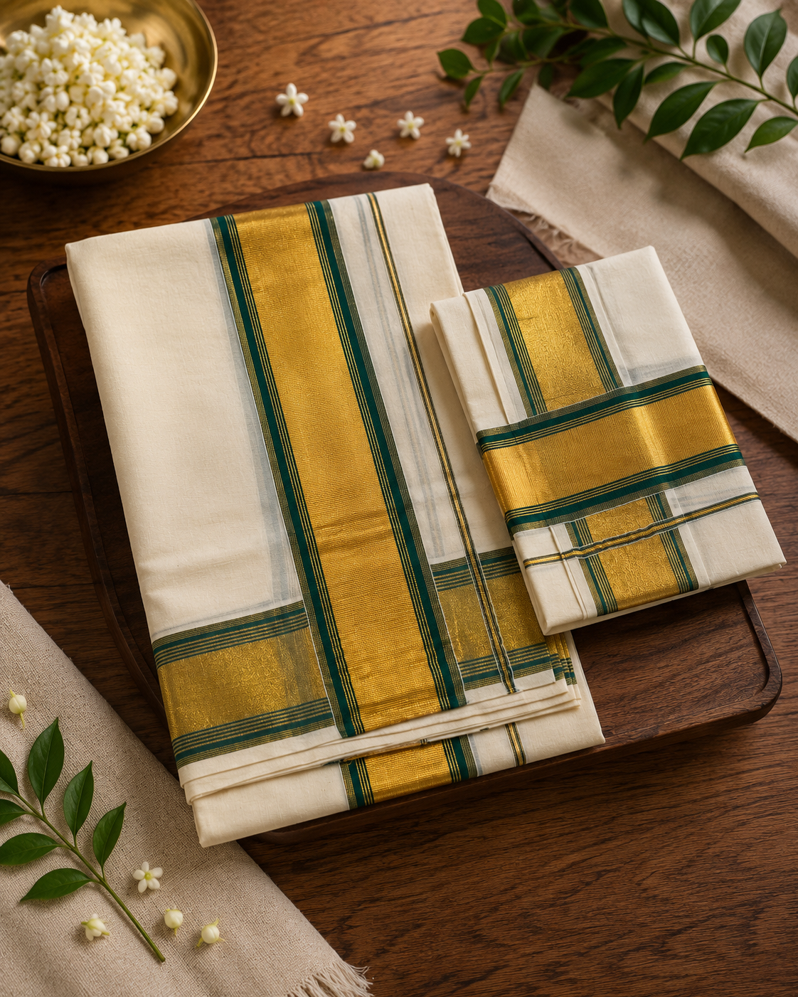 Kerala Set Mundu (Mundu Neriyathum) Green & Gold