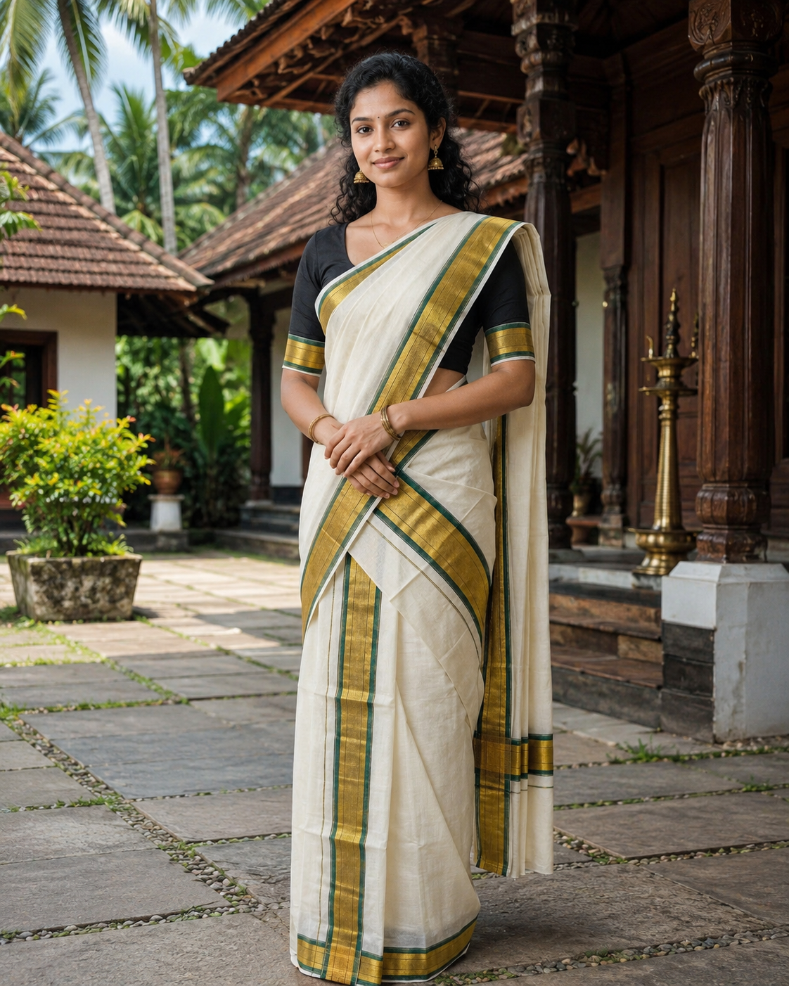 Kerala Set Mundu (Mundu Neriyathum) Green & Gold