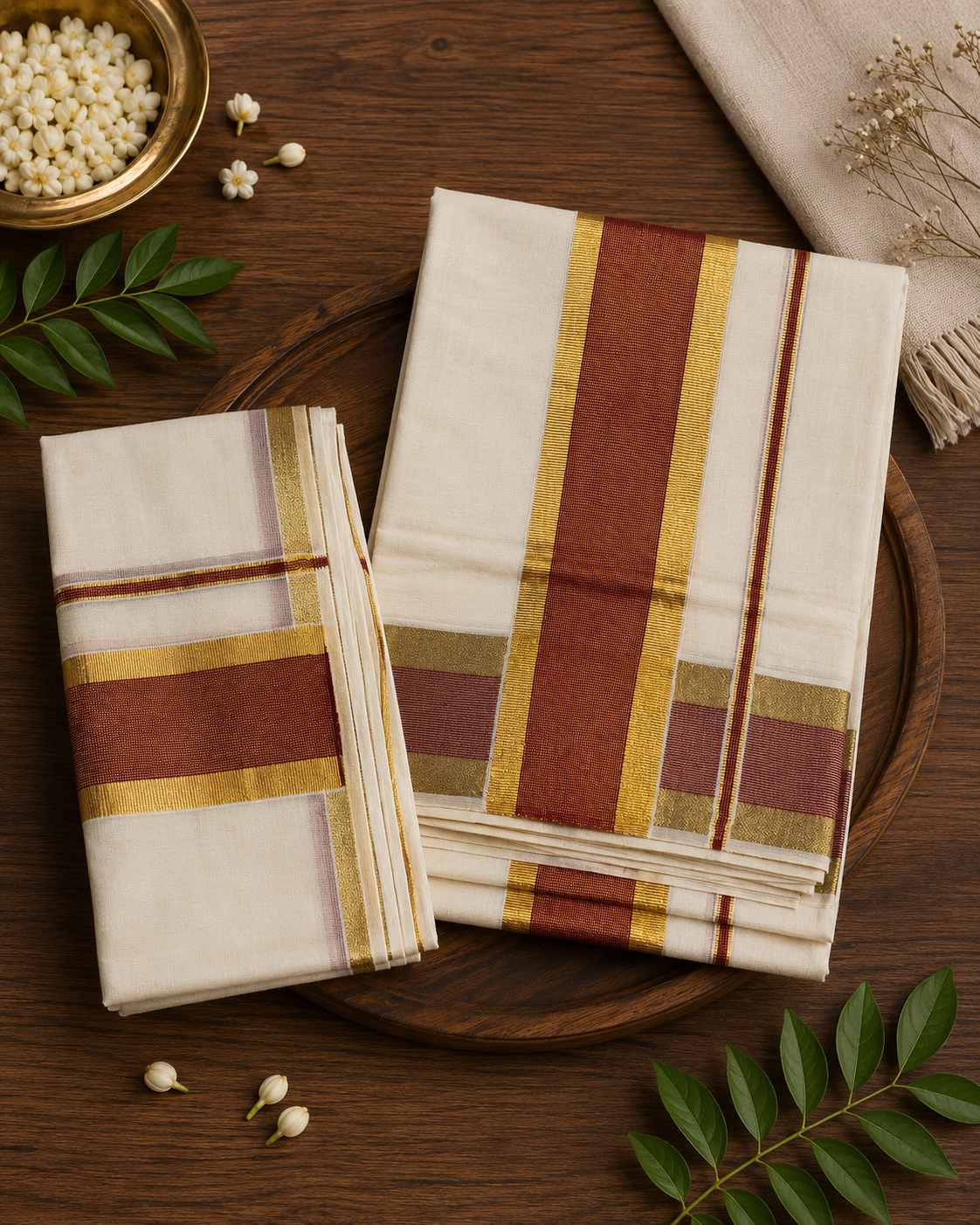 Kerala Set Mundu (Mundu Neriyathum) Red & Gold