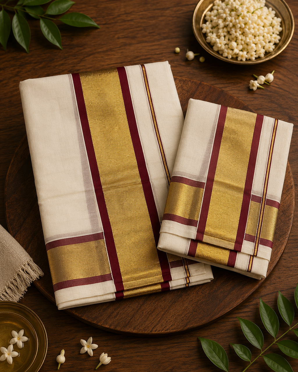 Kerala Set Mundu (Mundu Neriyathum) Red & Gold
