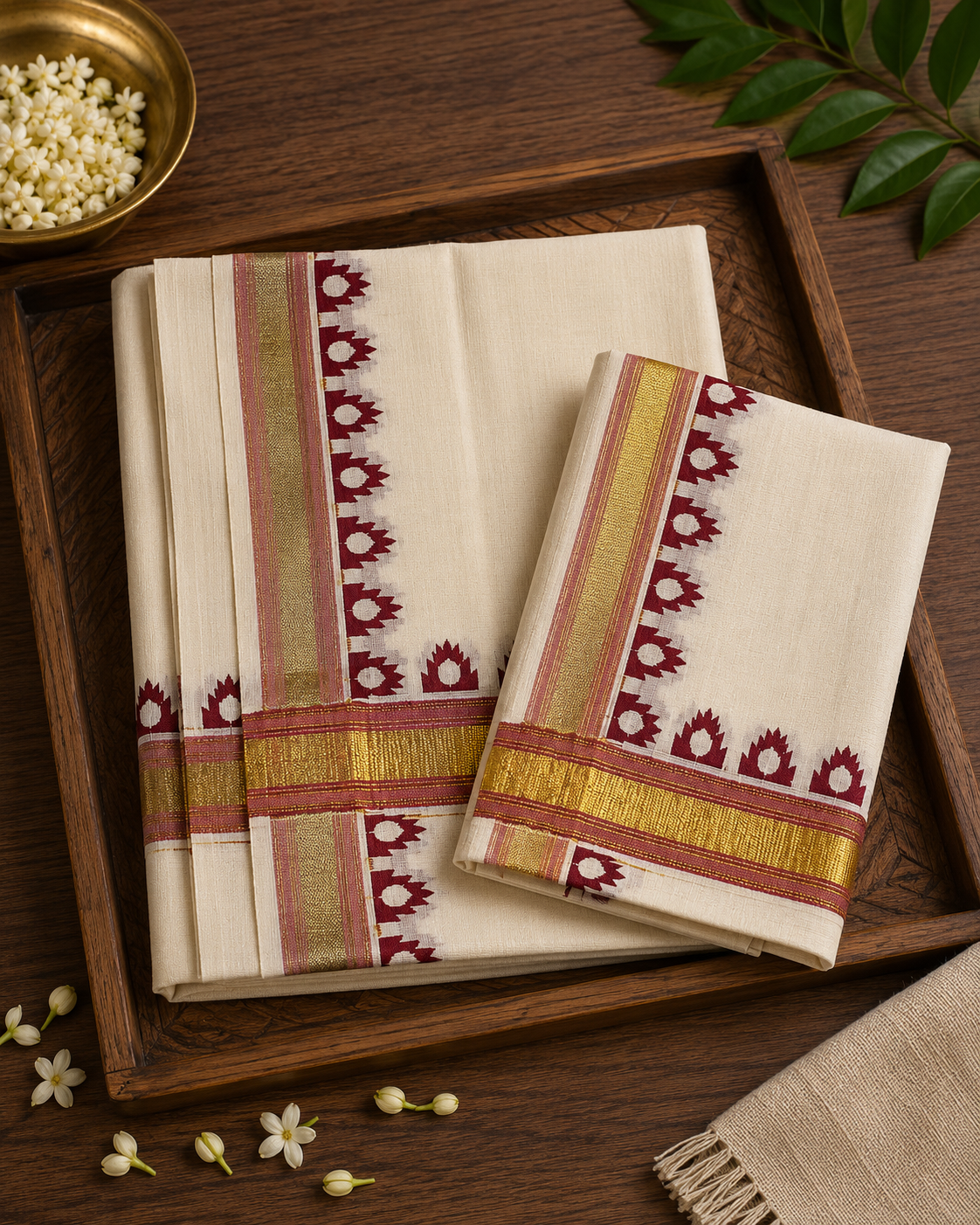 Kerala Set Mundu (Mundu Neriyathum) Red & Gold Temple Design