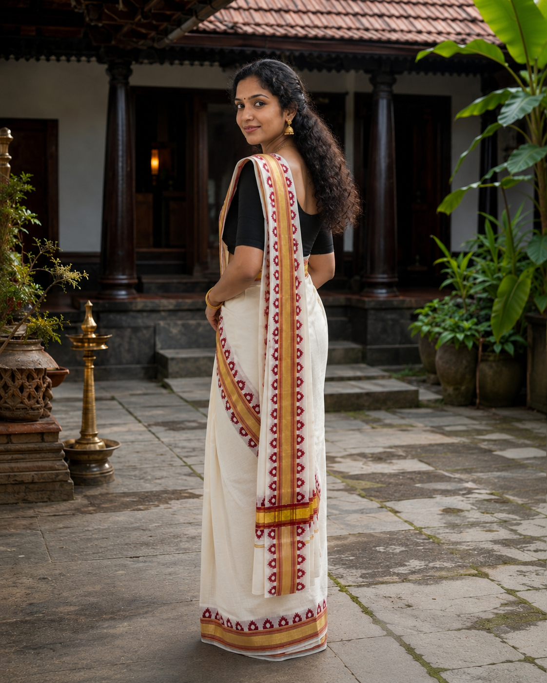 Kerala Set Mundu (Mundu Neriyathum) Red & Gold Temple Design