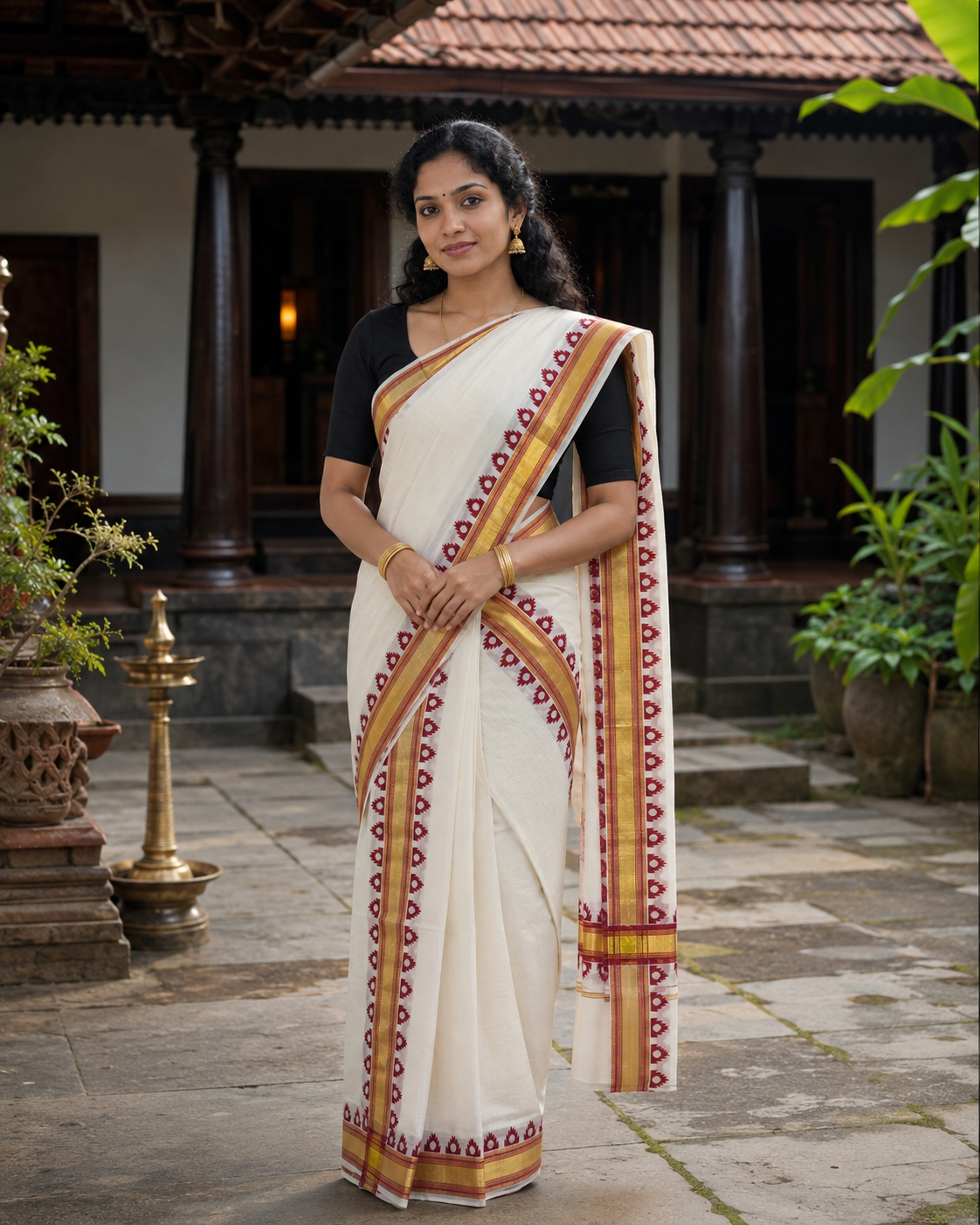 Kerala Set Mundu (Mundu Neriyathum) Red & Gold Temple Design